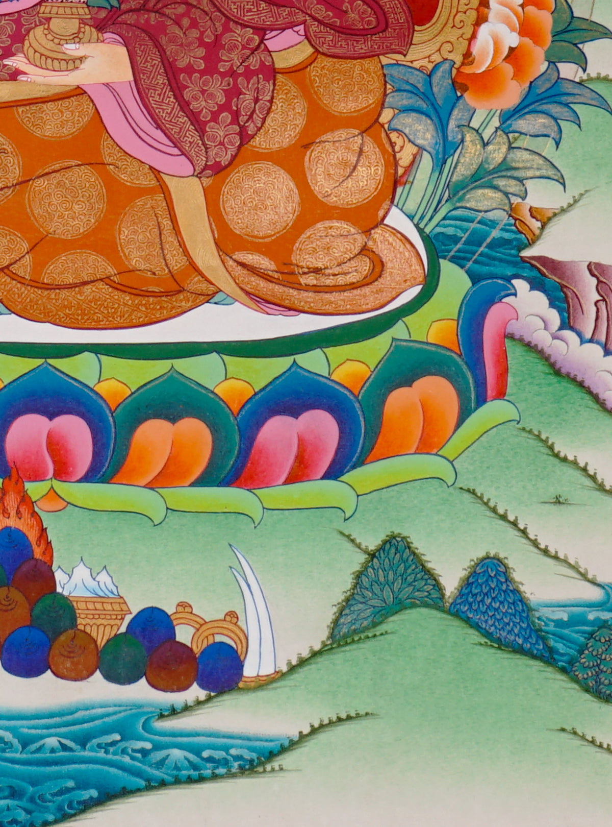 Sixteen Karmapas Tibetan Buddhist thangka set featuring lineage masters seated on lotus thrones with traditional Himalayan landscapes and gold detailing