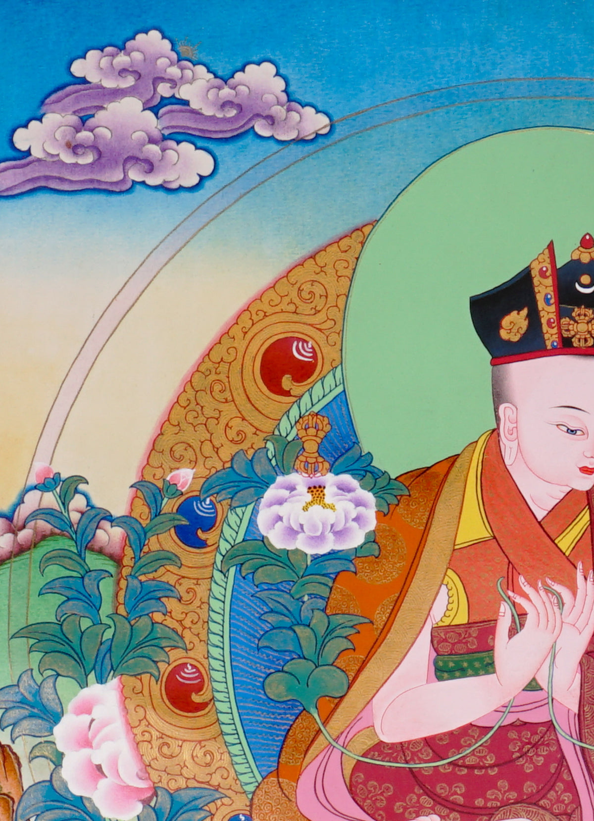 Sixteen Karmapas Tibetan Buddhist thangka set featuring lineage masters seated on lotus thrones with traditional Himalayan landscapes and gold detailing