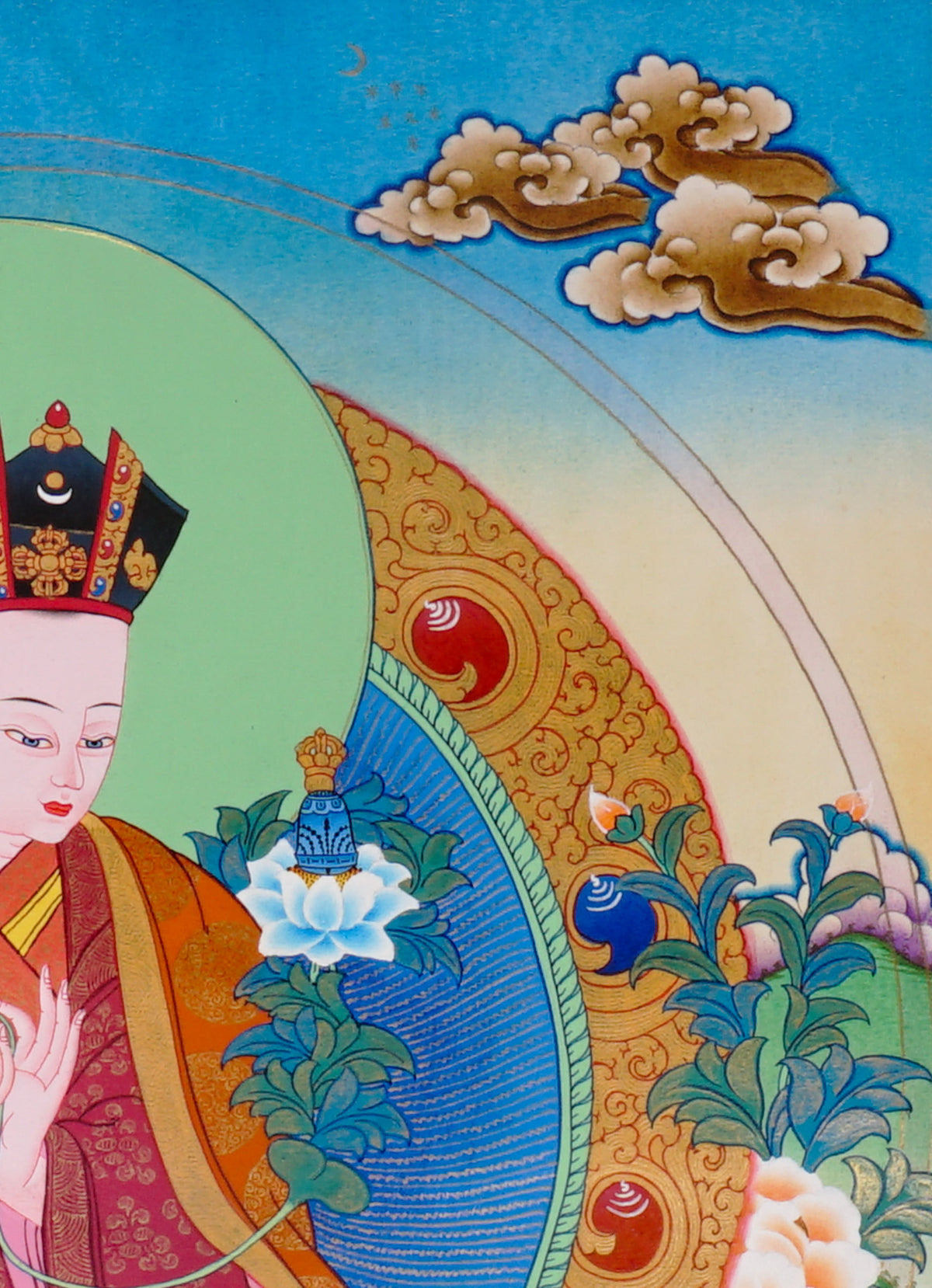 Sixteen Karmapas Tibetan Buddhist thangka set featuring lineage masters seated on lotus thrones with traditional Himalayan landscapes and gold detailing