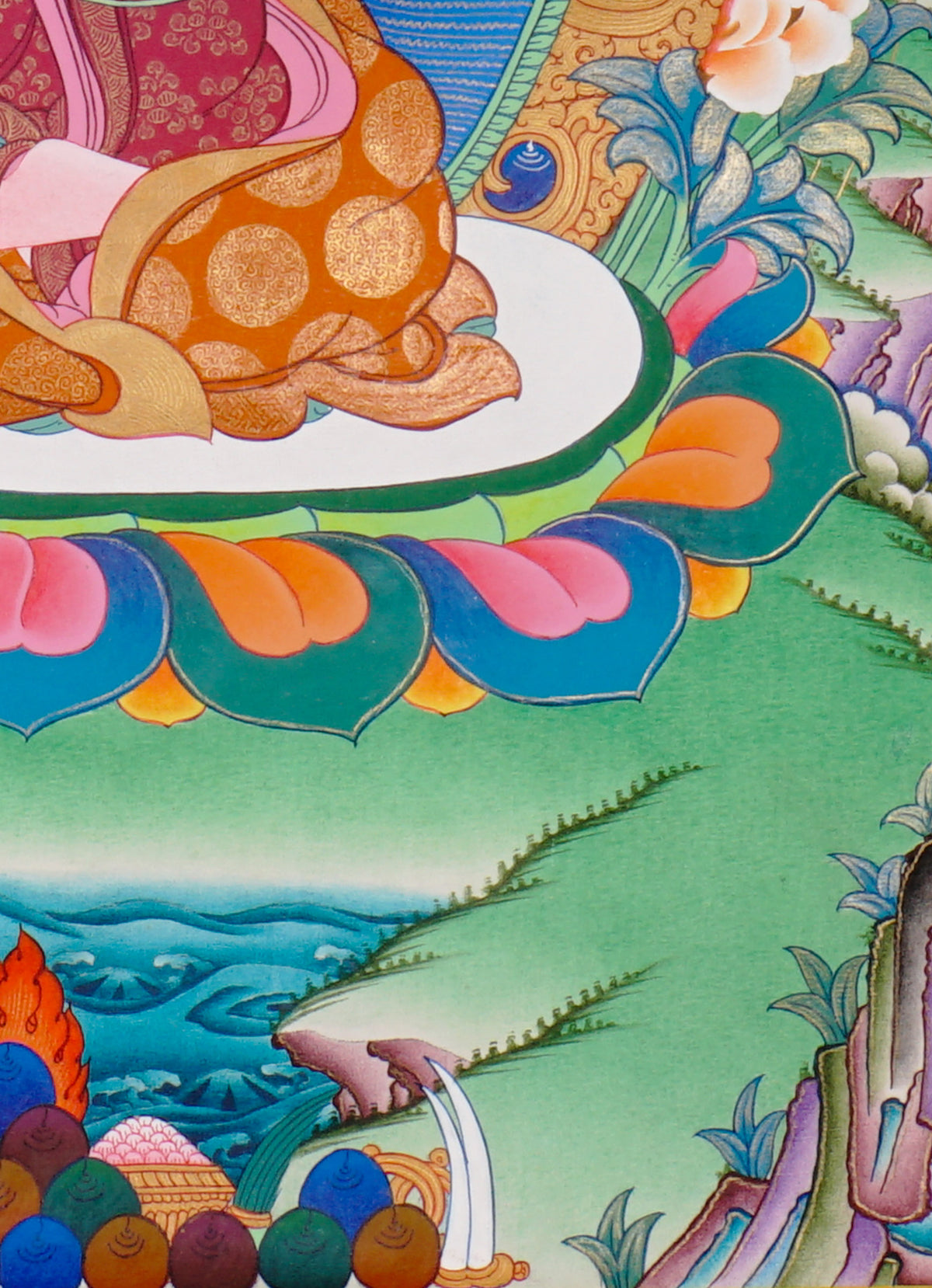 Sixteen Karmapas Tibetan Buddhist thangka set featuring lineage masters seated on lotus thrones with traditional Himalayan landscapes and gold detailing