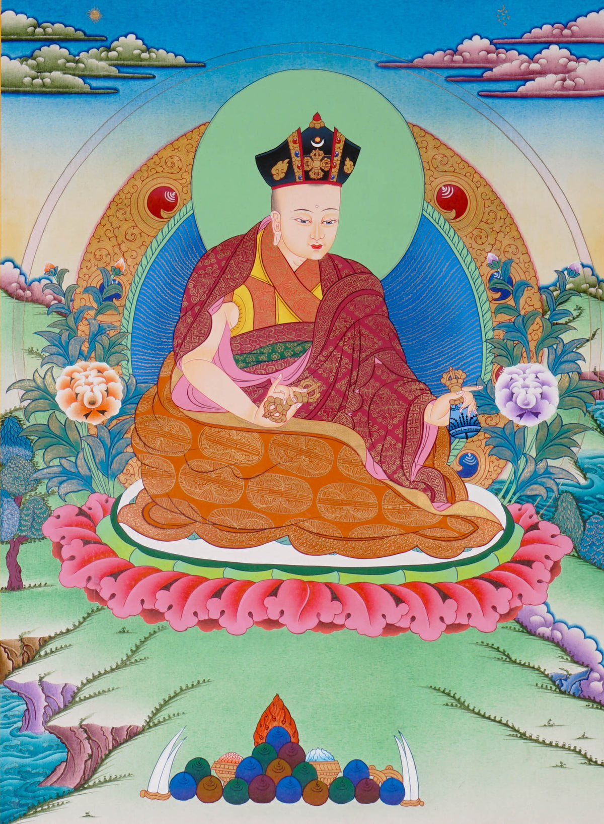 Sixteen Karmapas Tibetan Buddhist thangka set featuring lineage masters seated on lotus thrones with traditional Himalayan landscapes and gold detailing