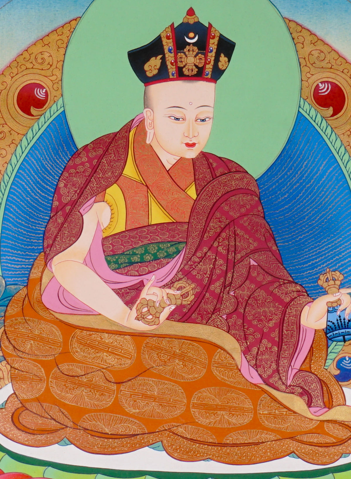 Sixteen Karmapas Tibetan Buddhist thangka set featuring lineage masters seated on lotus thrones with traditional Himalayan landscapes and gold detailing