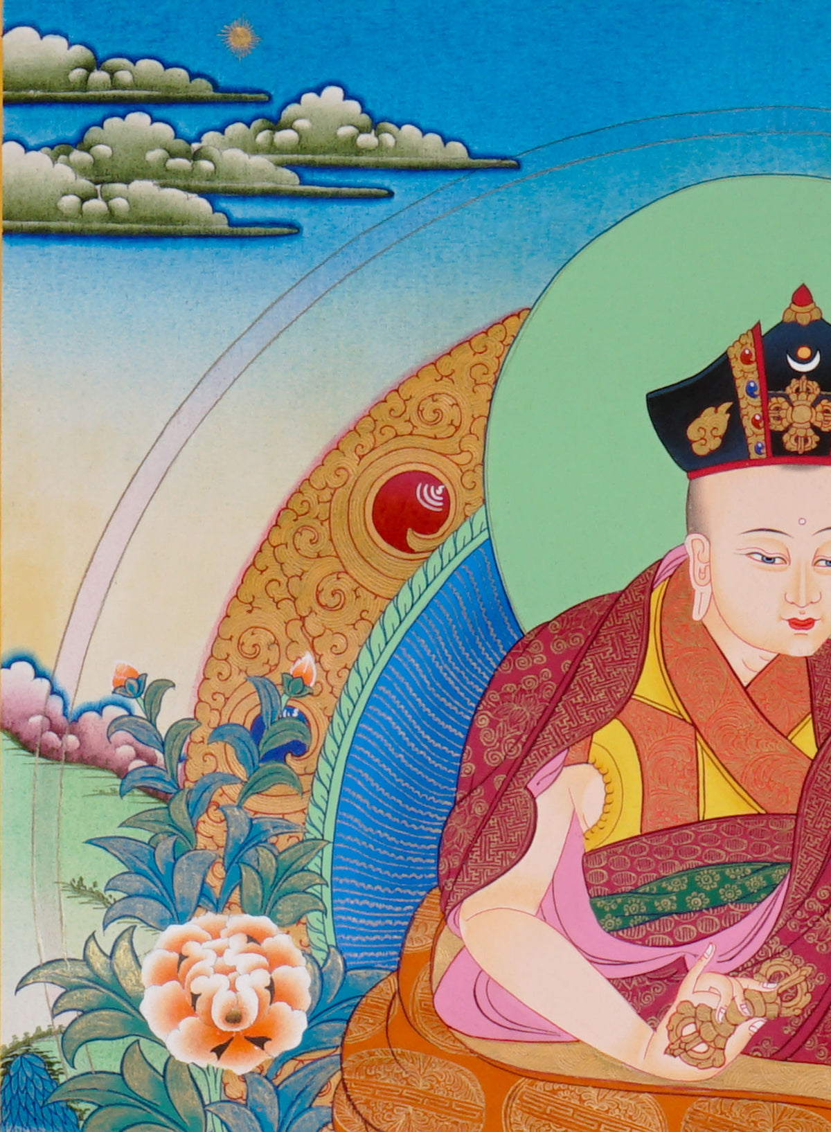 Sixteen Karmapas Tibetan Buddhist thangka set featuring lineage masters seated on lotus thrones with traditional Himalayan landscapes and gold detailing