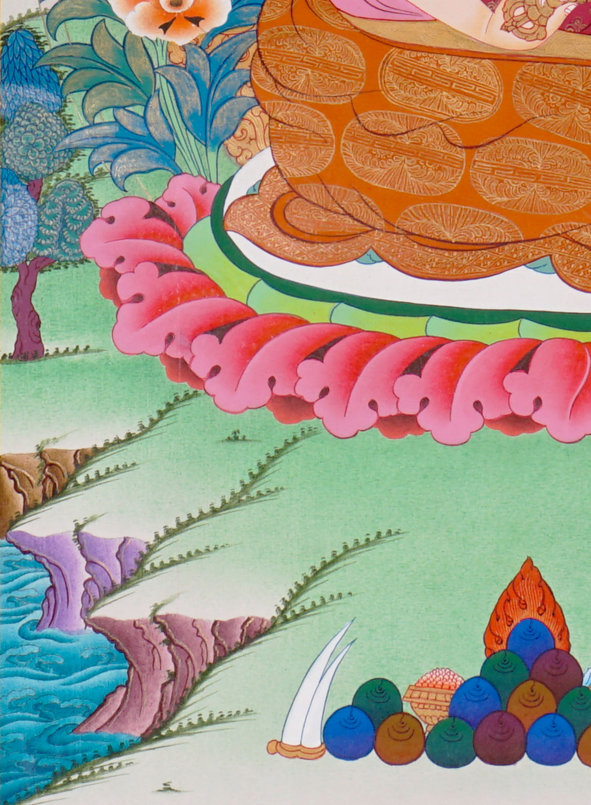 Sixteen Karmapas Tibetan Buddhist thangka set featuring lineage masters seated on lotus thrones with traditional Himalayan landscapes and gold detailing