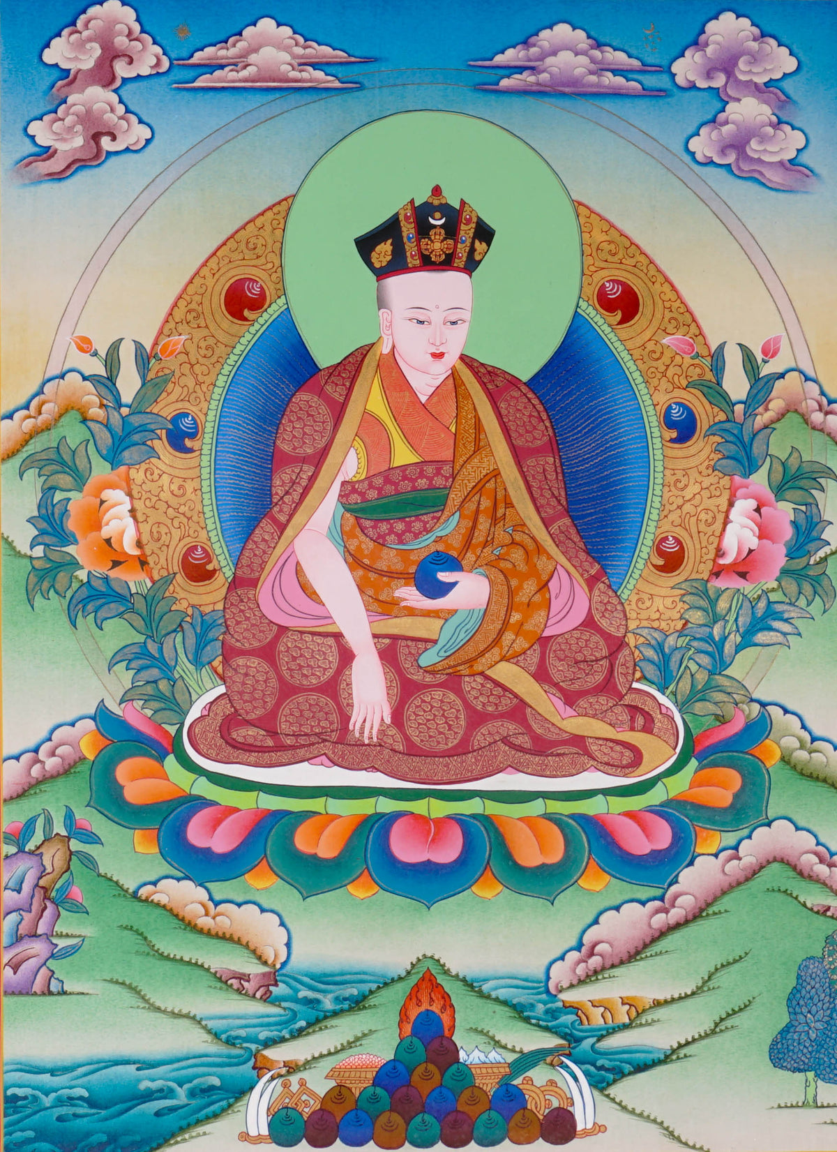 Sixteen Karmapas Tibetan Buddhist thangka set featuring lineage masters seated on lotus thrones with traditional Himalayan landscapes and gold detailing
