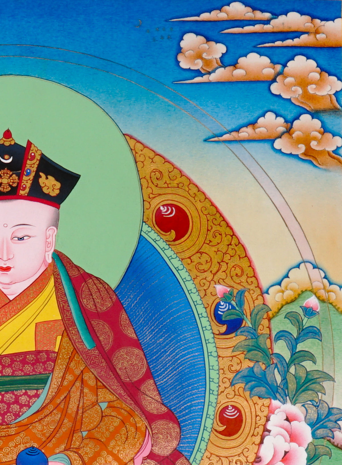 Sixteen Karmapas Tibetan Buddhist thangka set featuring lineage masters seated on lotus thrones with traditional Himalayan landscapes and gold detailing