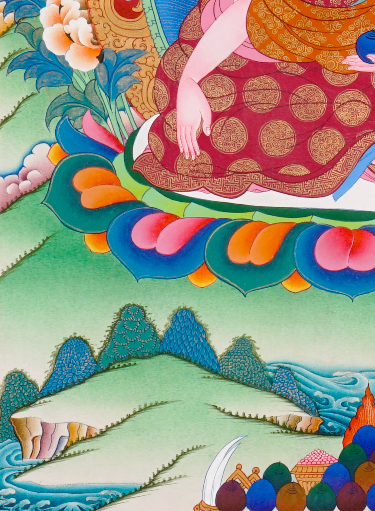 Sixteen Karmapas Tibetan Buddhist thangka set featuring lineage masters seated on lotus thrones with traditional Himalayan landscapes and gold detailing