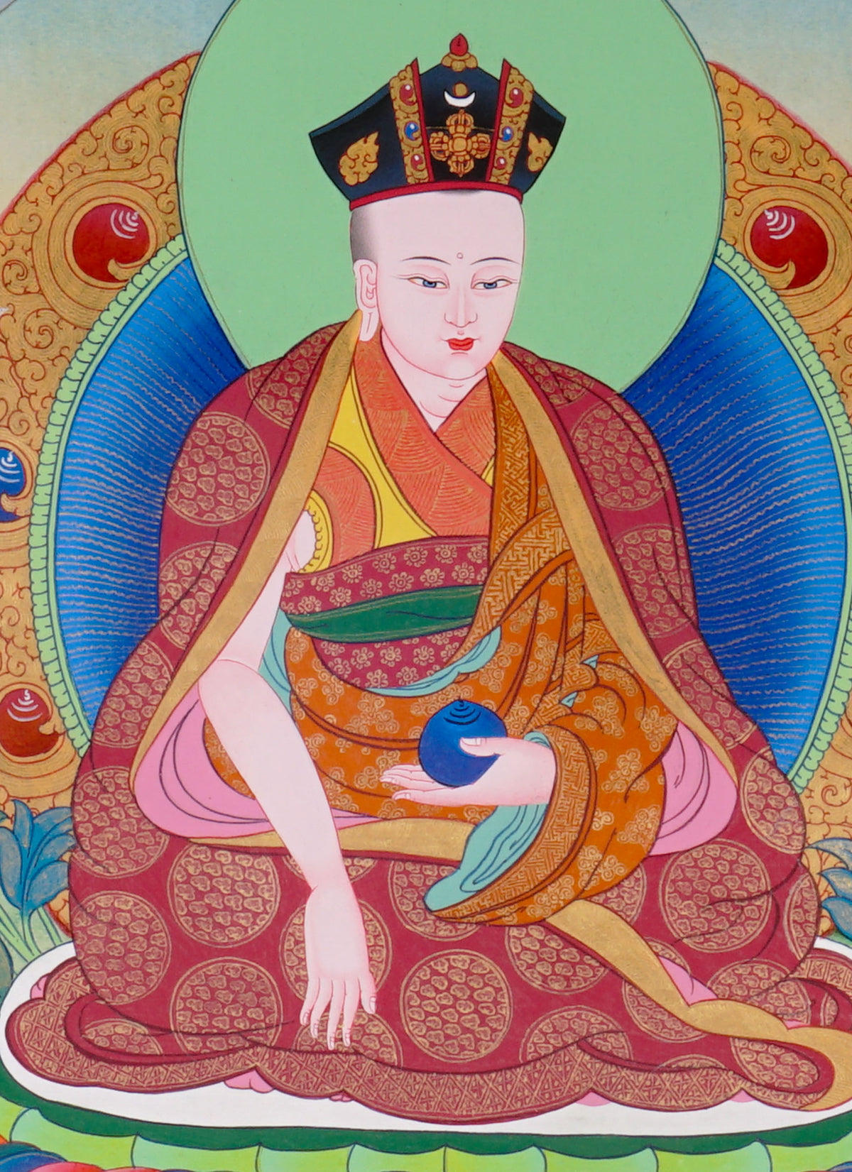 Sixteen Karmapas Tibetan Buddhist thangka set featuring lineage masters seated on lotus thrones with traditional Himalayan landscapes and gold detailing