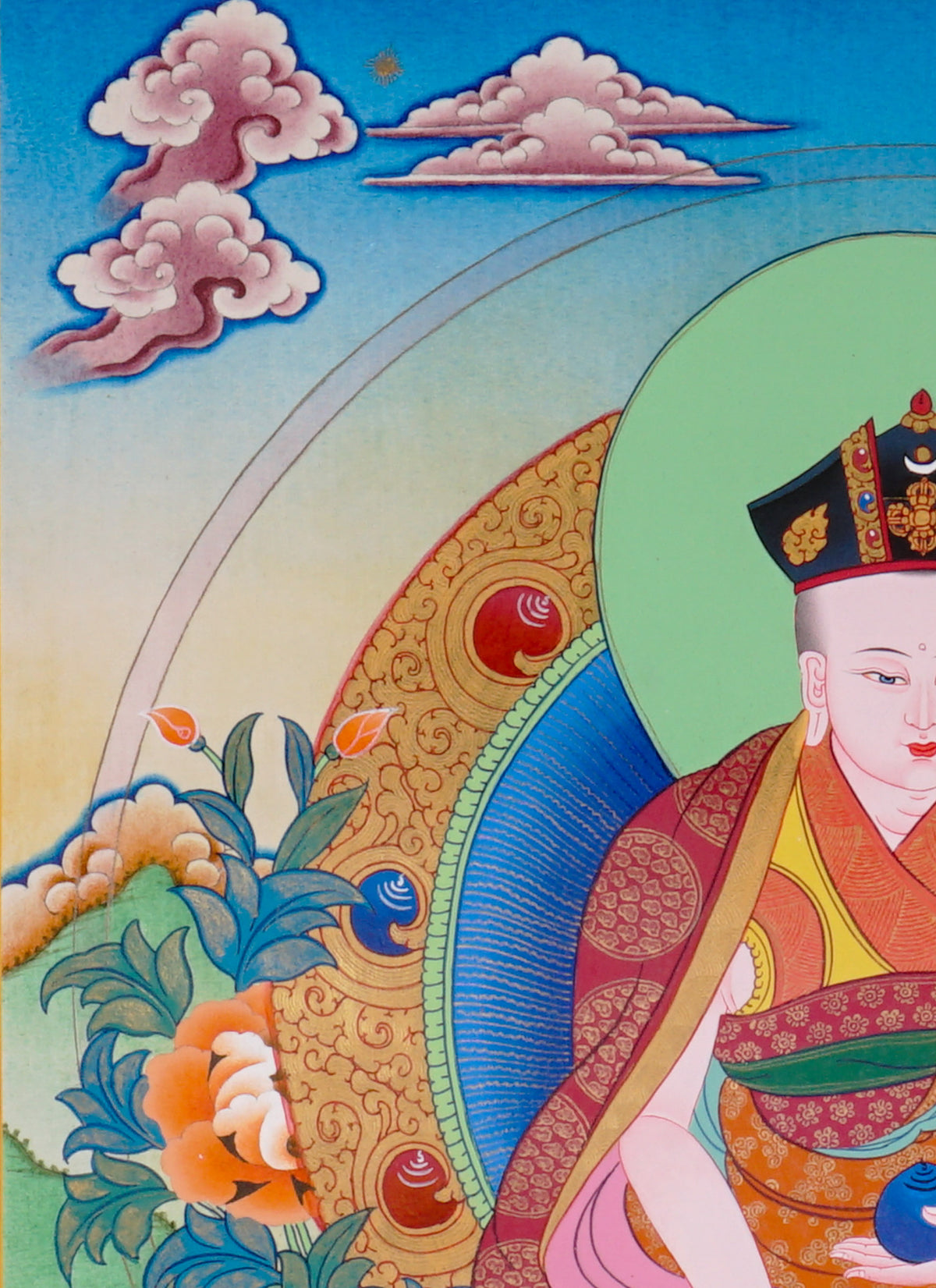 Sixteen Karmapas Tibetan Buddhist thangka set featuring lineage masters seated on lotus thrones with traditional Himalayan landscapes and gold detailing