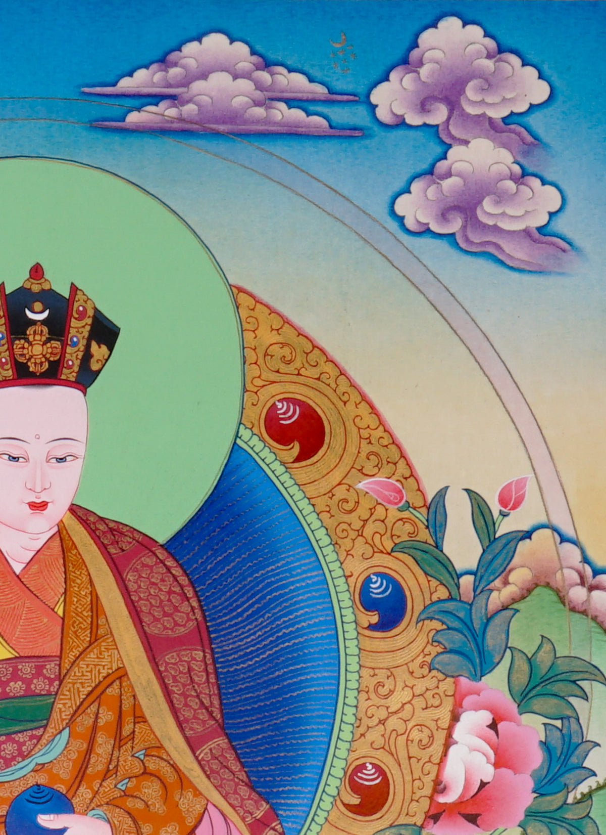 Sixteen Karmapas Tibetan Buddhist thangka set featuring lineage masters seated on lotus thrones with traditional Himalayan landscapes and gold detailing