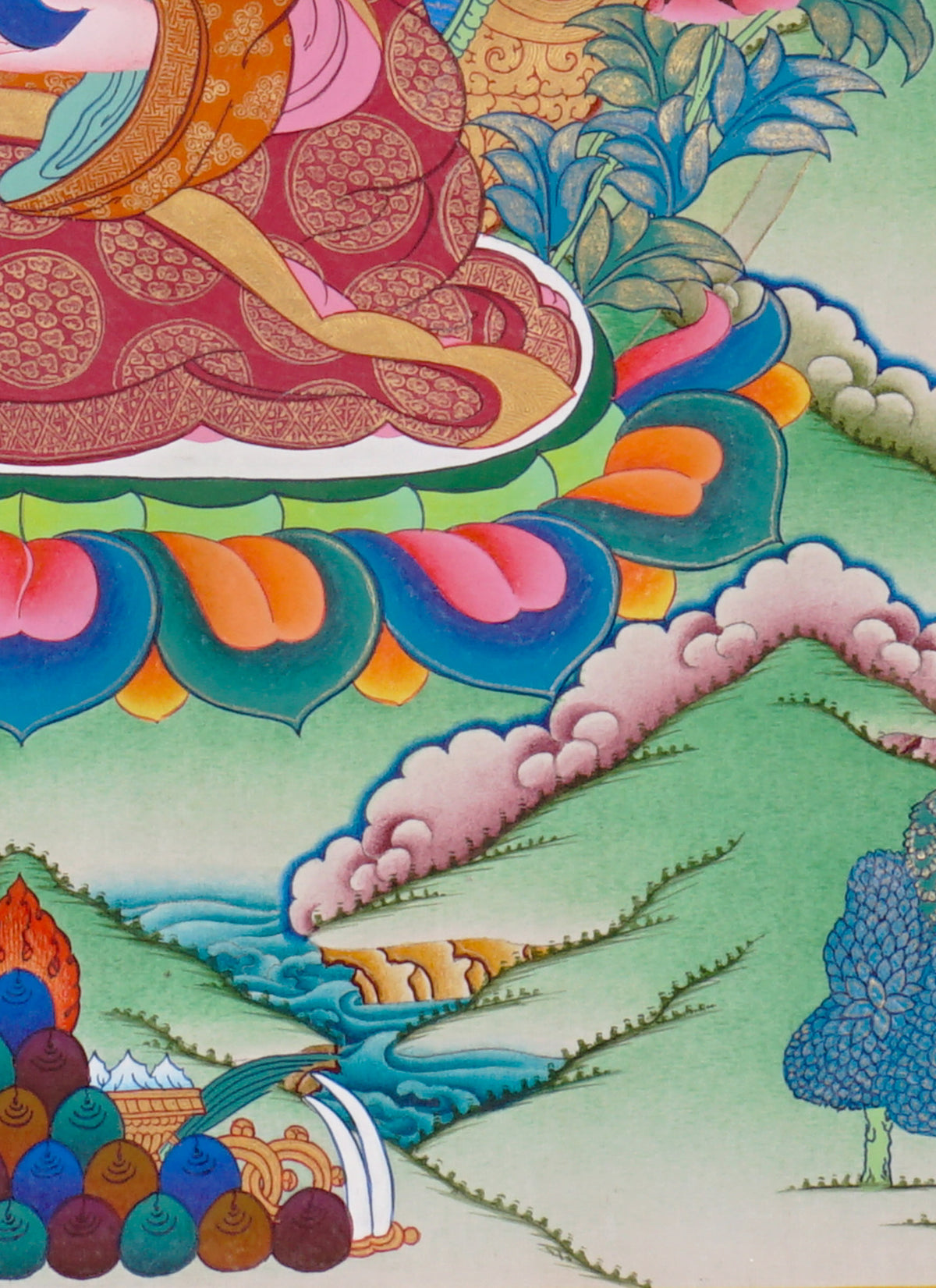 Sixteen Karmapas Tibetan Buddhist thangka set featuring lineage masters seated on lotus thrones with traditional Himalayan landscapes and gold detailing