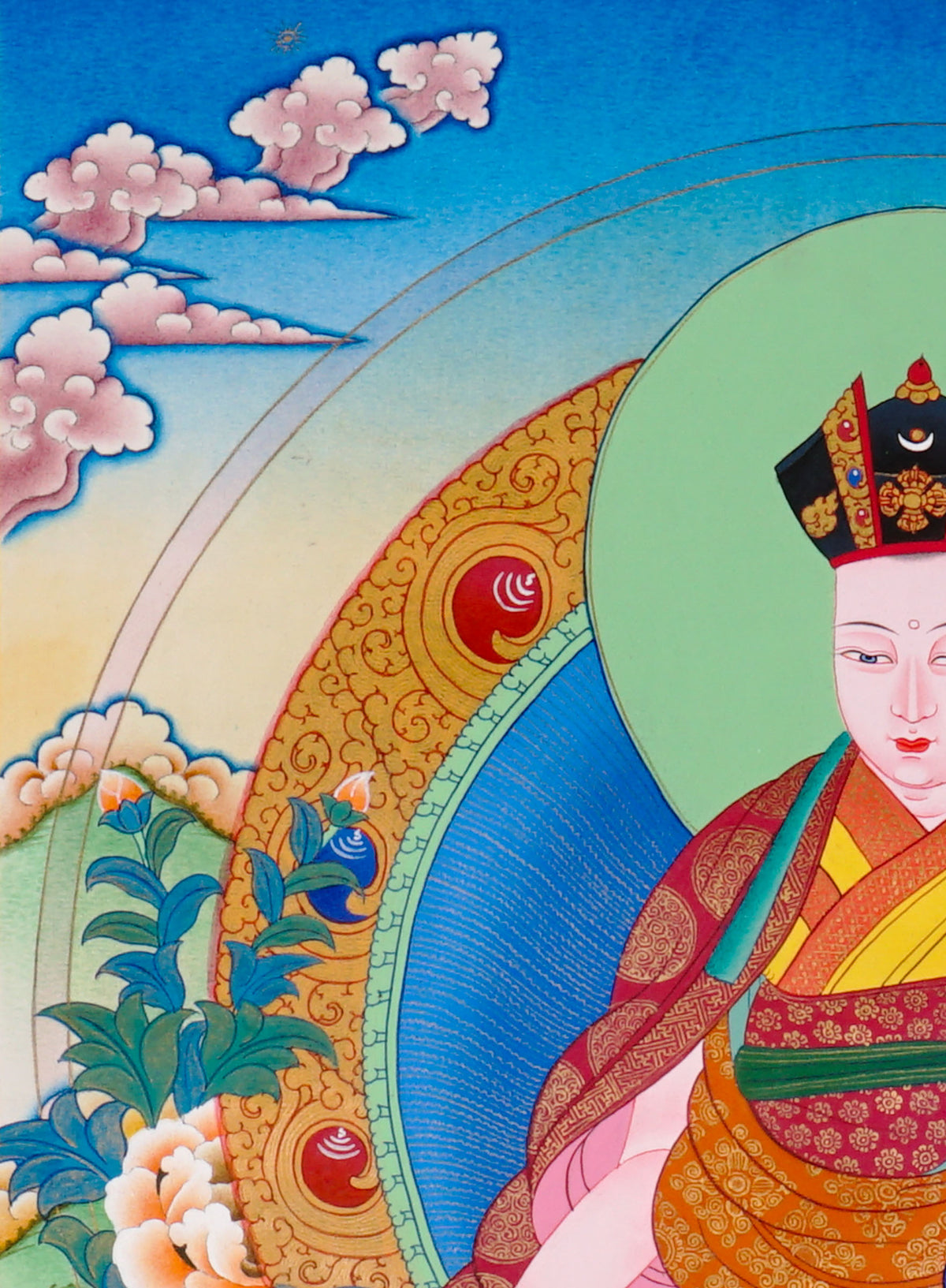 Sixteen Karmapas Tibetan Buddhist thangka set featuring lineage masters seated on lotus thrones with traditional Himalayan landscapes and gold detailing
