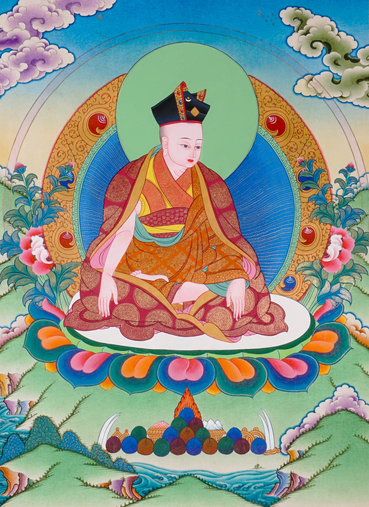 Sixteen Karmapas Tibetan Buddhist thangka set featuring lineage masters seated on lotus thrones with traditional Himalayan landscapes and gold detailing