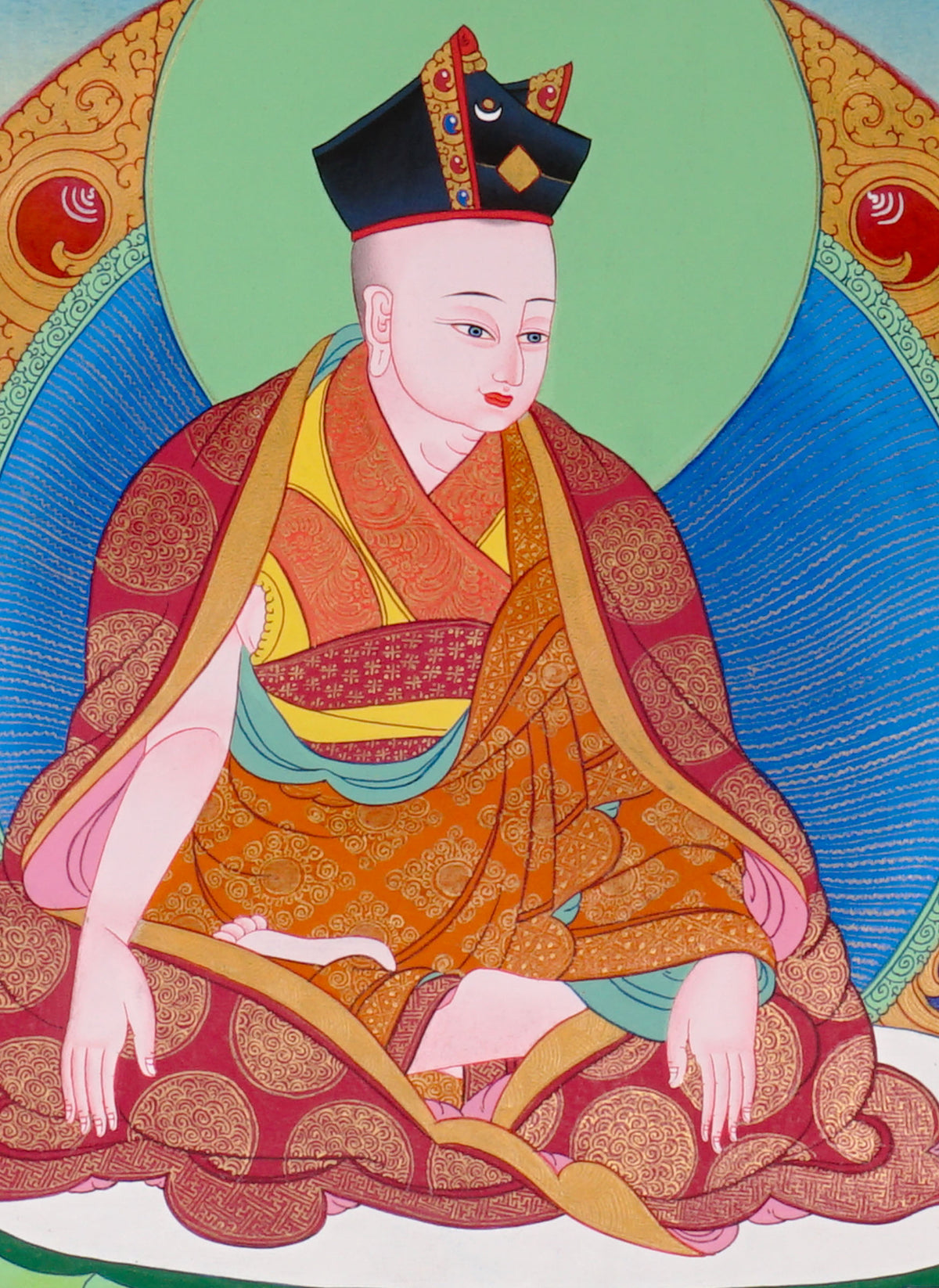 Sixteen Karmapas Tibetan Buddhist thangka set featuring lineage masters seated on lotus thrones with traditional Himalayan landscapes and gold detailing
