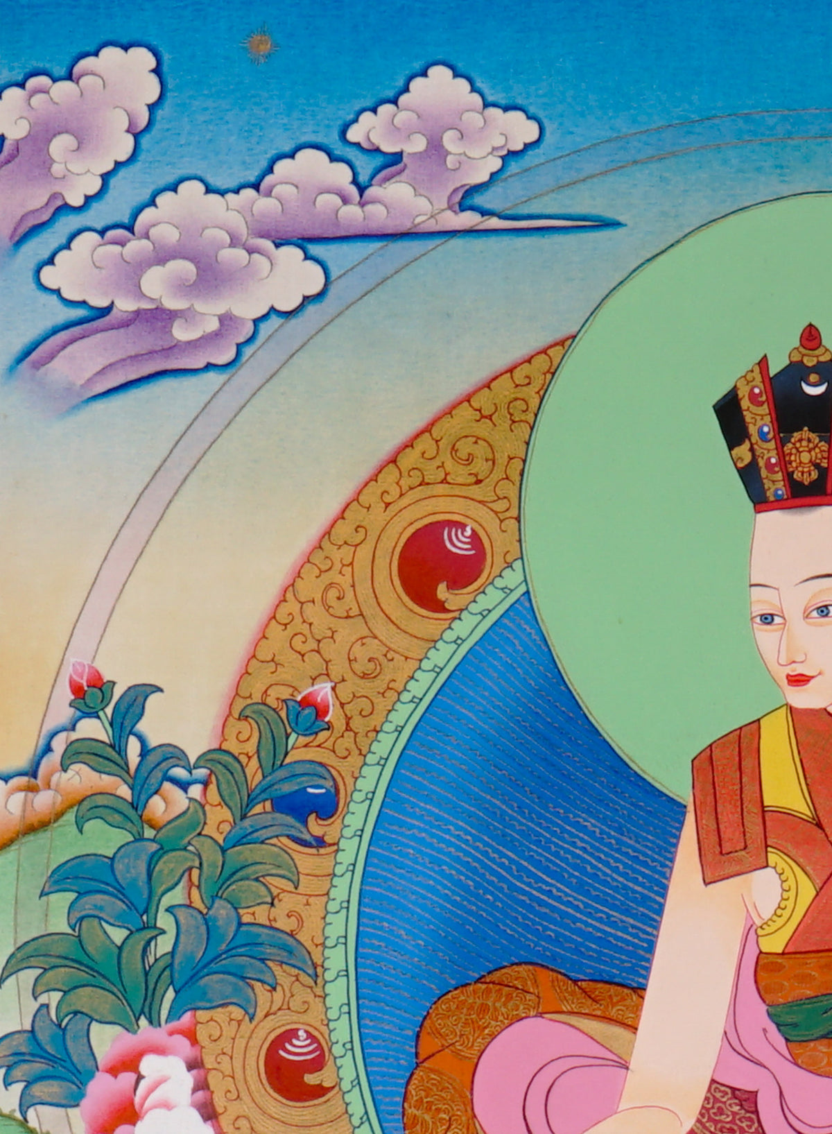 Sixteen Karmapas Tibetan Buddhist thangka set featuring lineage masters seated on lotus thrones with traditional Himalayan landscapes and gold detailing