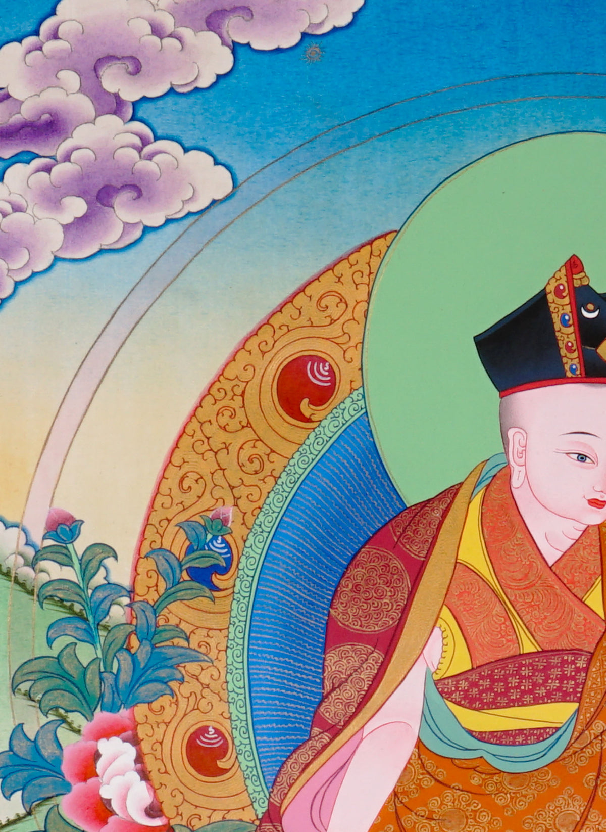Sixteen Karmapas Tibetan Buddhist thangka set featuring lineage masters seated on lotus thrones with traditional Himalayan landscapes and gold detailing