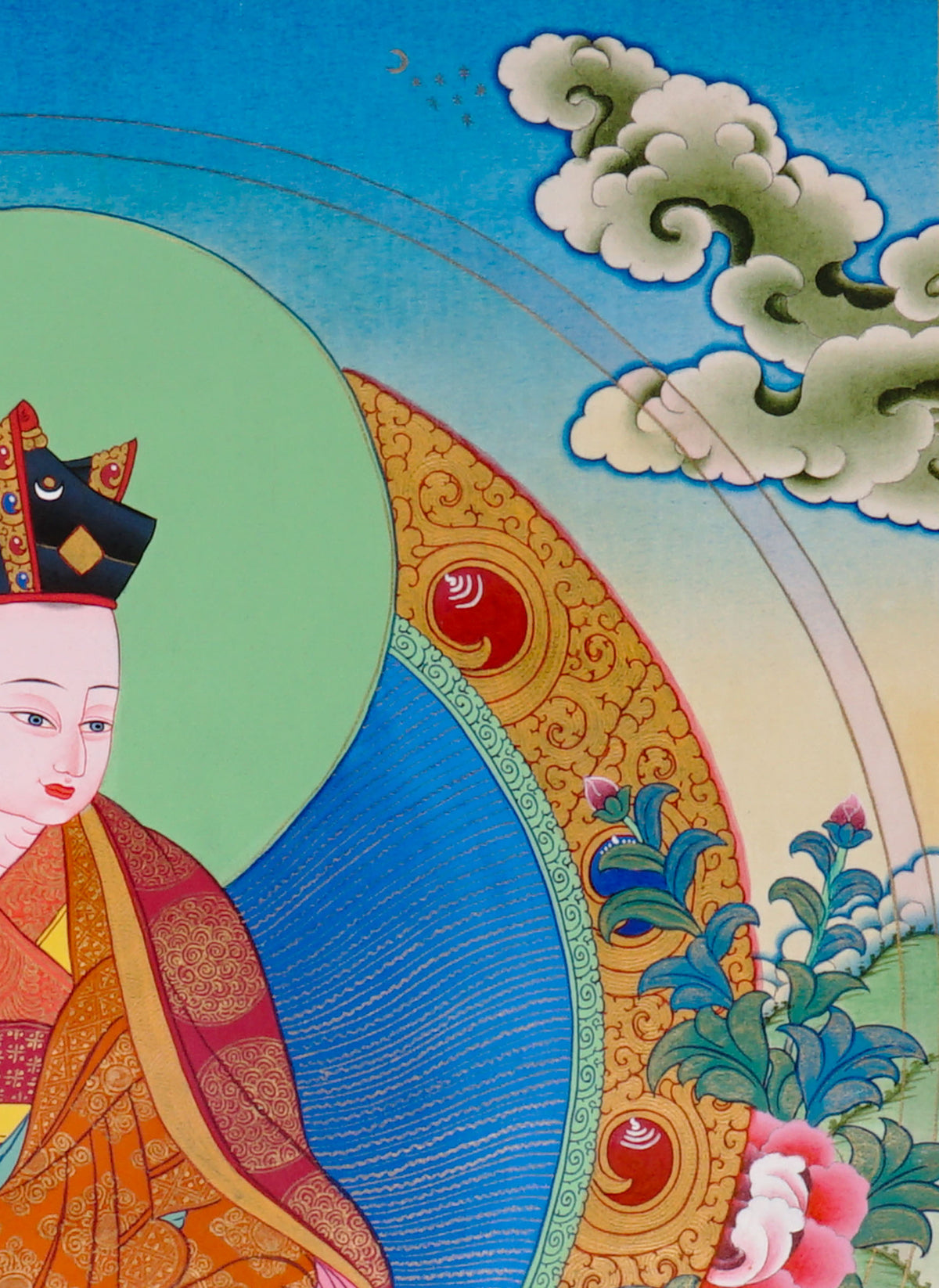 Sixteen Karmapas Tibetan Buddhist thangka set featuring lineage masters seated on lotus thrones with traditional Himalayan landscapes and gold detailing