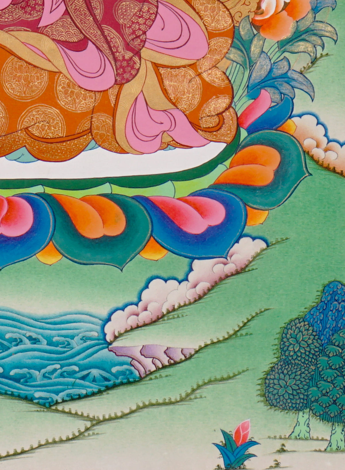 Sixteen Karmapas Tibetan Buddhist thangka set featuring lineage masters seated on lotus thrones with traditional Himalayan landscapes and gold detailing