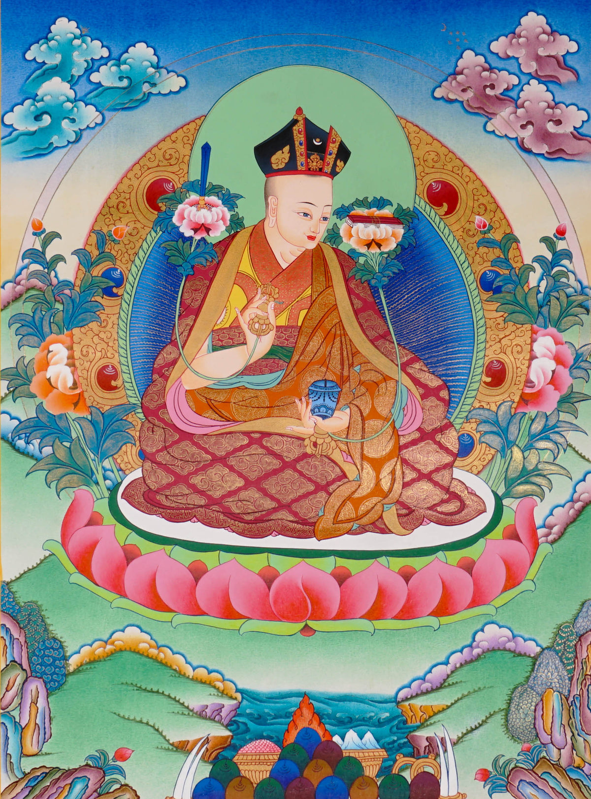 Sixteen Karmapas Tibetan Buddhist thangka set featuring lineage masters seated on lotus thrones with traditional Himalayan landscapes and gold detailing
