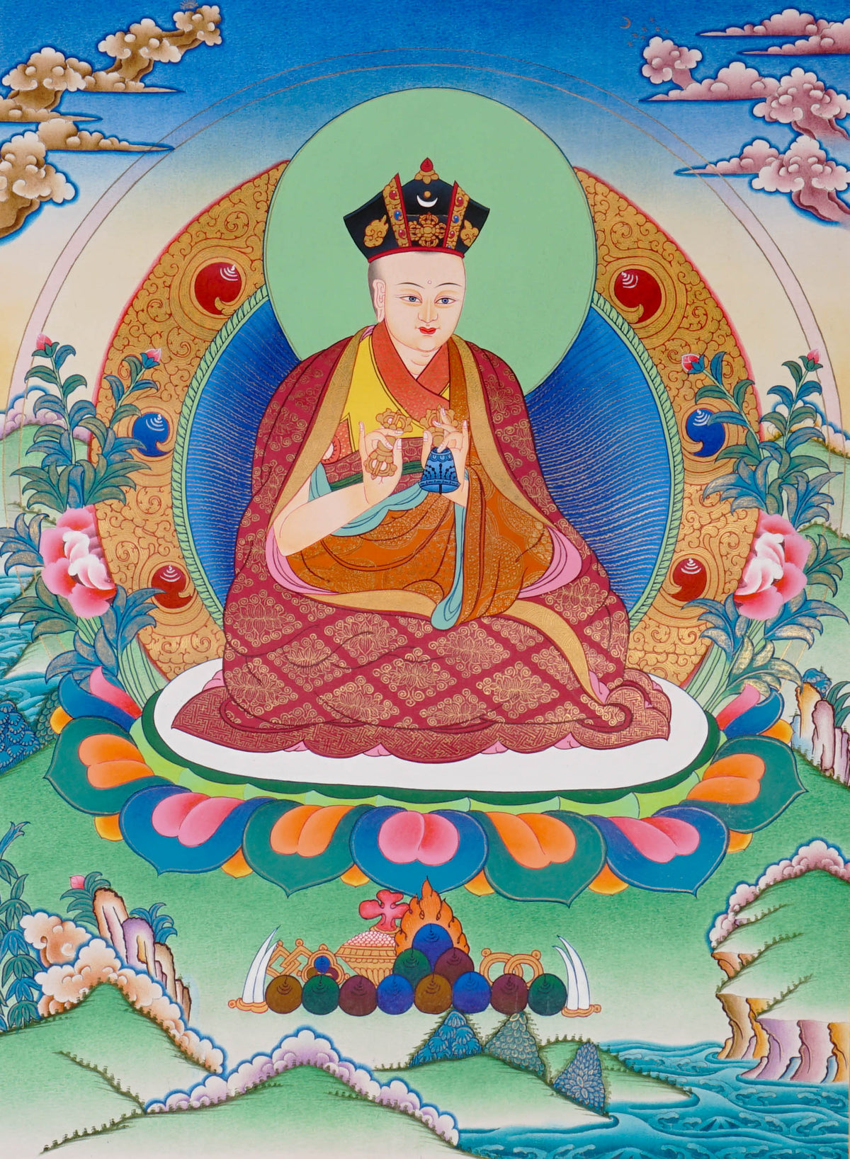 Sixteen Karmapas Tibetan Buddhist thangka set featuring lineage masters seated on lotus thrones with traditional Himalayan landscapes and gold detailing
