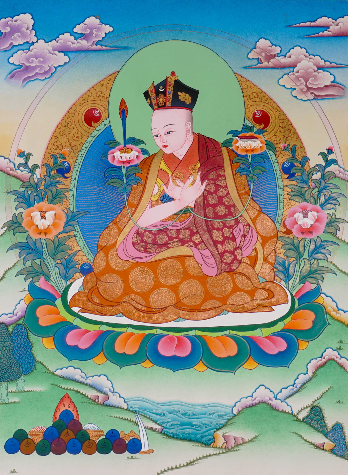 Sixteen Karmapas Tibetan Buddhist thangka set featuring lineage masters seated on lotus thrones with traditional Himalayan landscapes and gold detailing