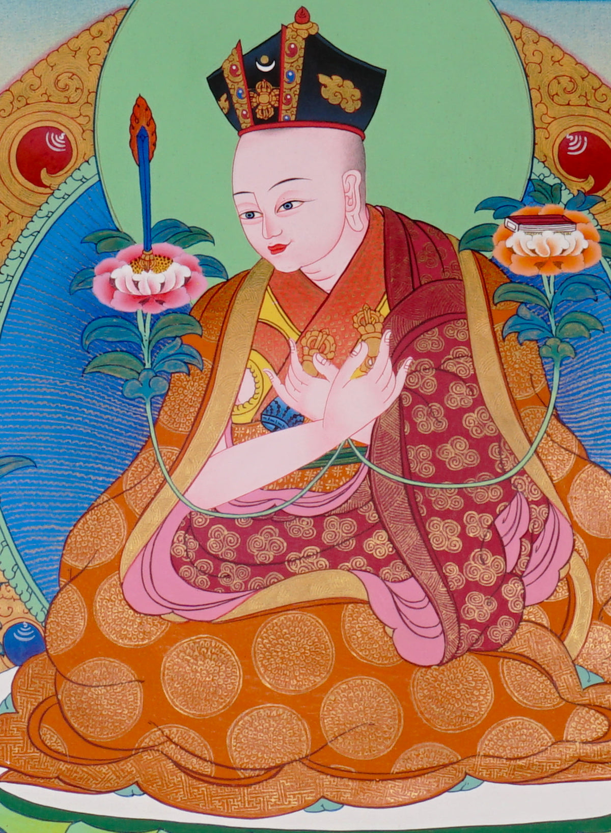 Sixteen Karmapas Tibetan Buddhist thangka set featuring lineage masters seated on lotus thrones with traditional Himalayan landscapes and gold detailing