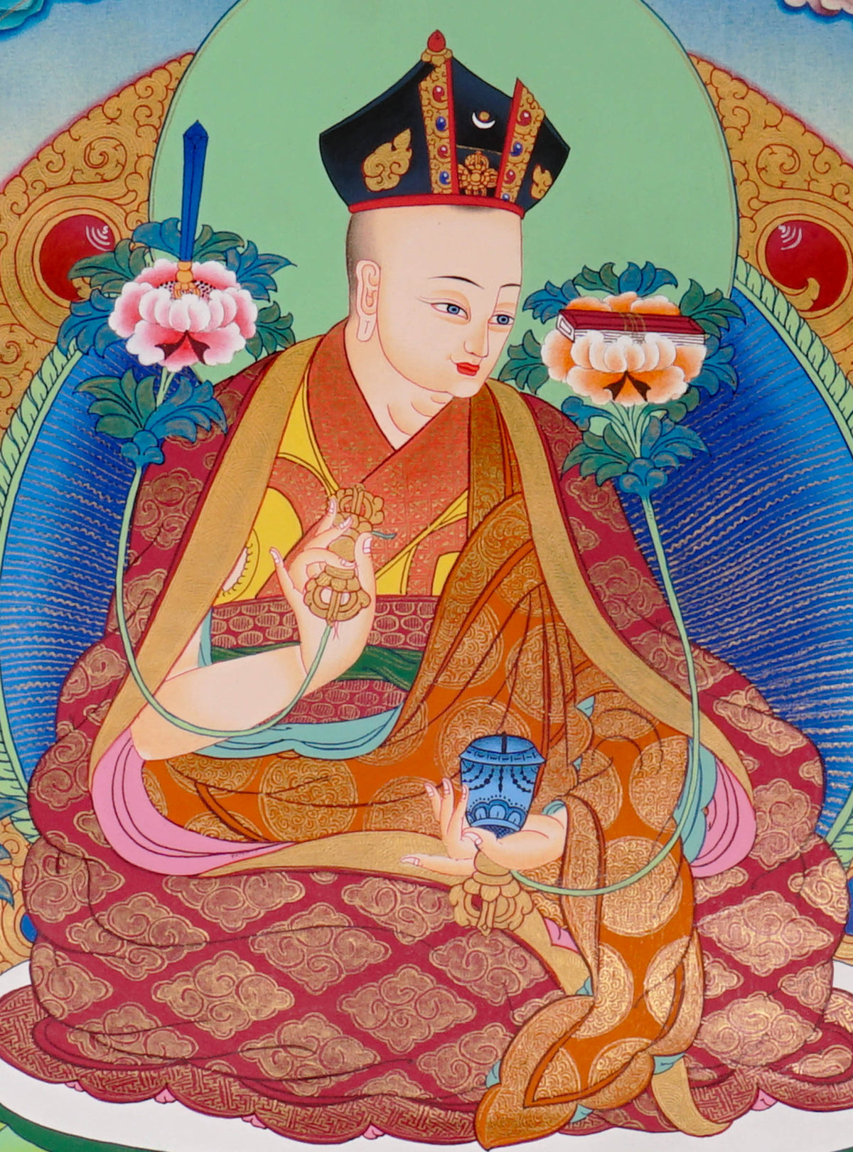 Sixteen Karmapas Tibetan Buddhist thangka set featuring lineage masters seated on lotus thrones with traditional Himalayan landscapes and gold detailing