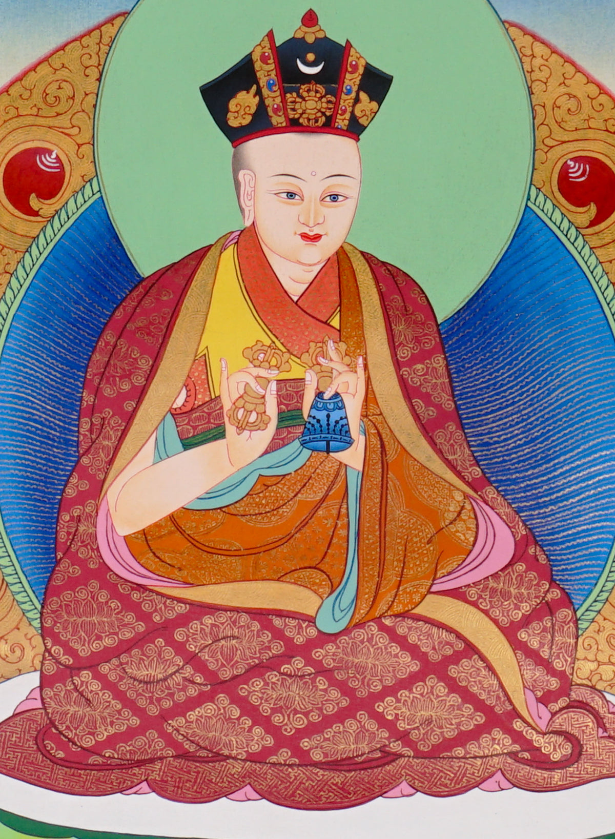 Sixteen Karmapas Tibetan Buddhist thangka set featuring lineage masters seated on lotus thrones with traditional Himalayan landscapes and gold detailing