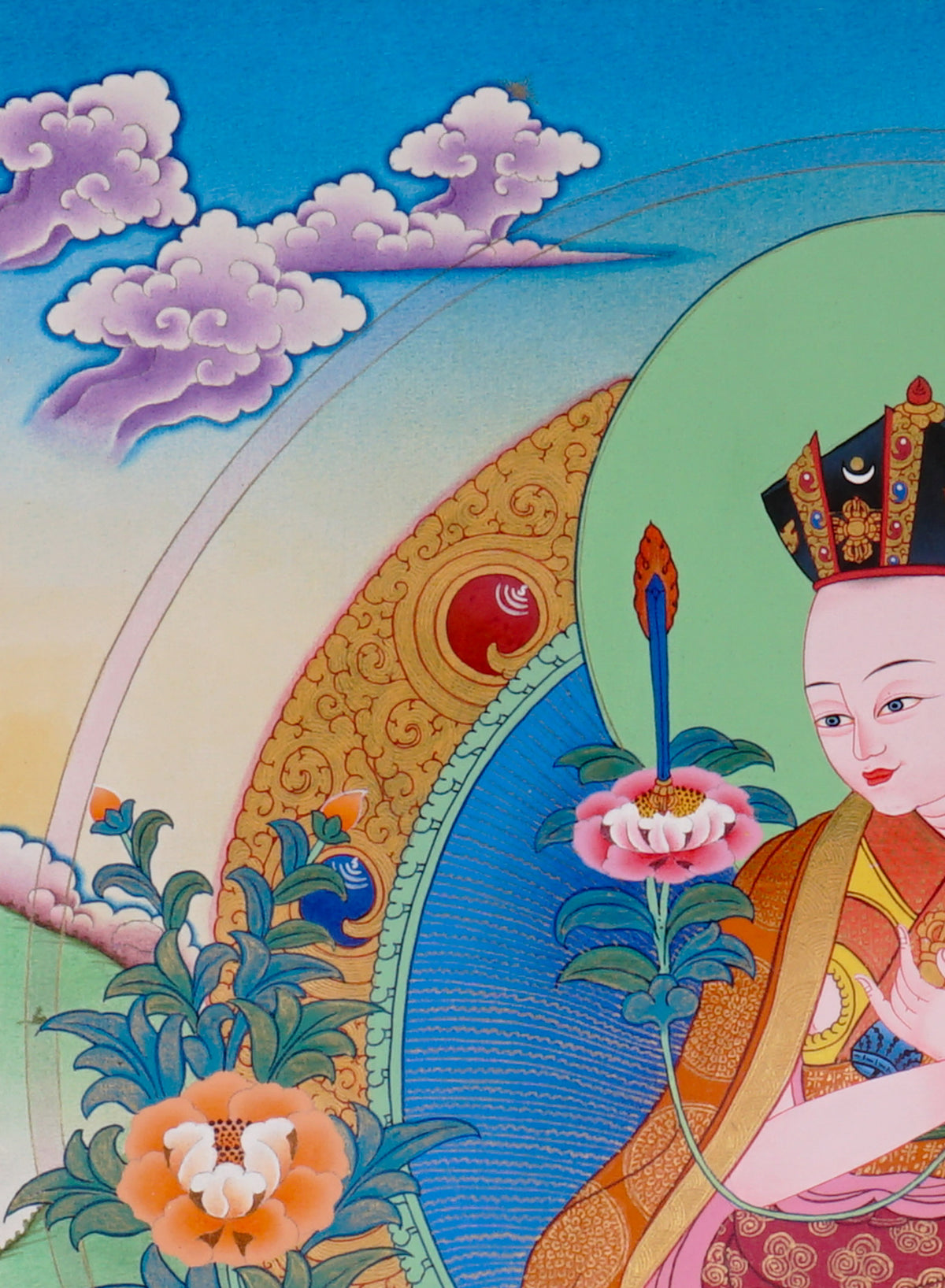 Sixteen Karmapas Tibetan Buddhist thangka set featuring lineage masters seated on lotus thrones with traditional Himalayan landscapes and gold detailing