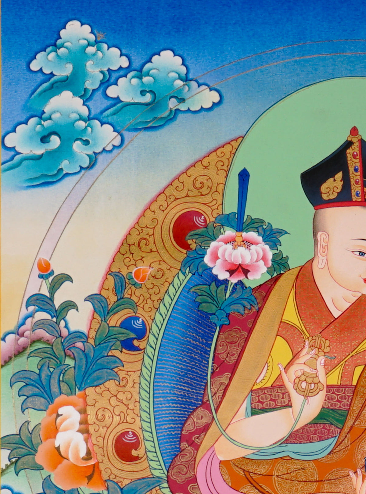 Sixteen Karmapas Tibetan Buddhist thangka set featuring lineage masters seated on lotus thrones with traditional Himalayan landscapes and gold detailing