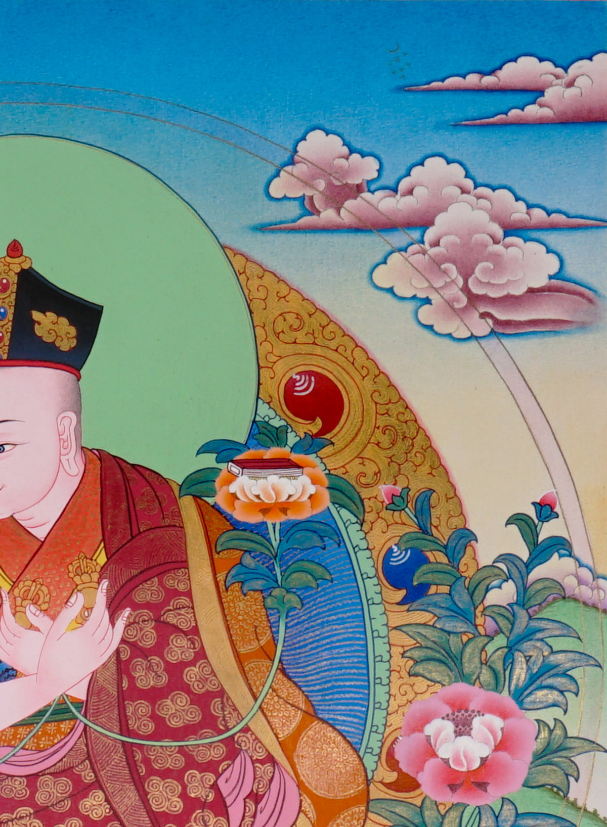 Sixteen Karmapas Tibetan Buddhist thangka set featuring lineage masters seated on lotus thrones with traditional Himalayan landscapes and gold detailing