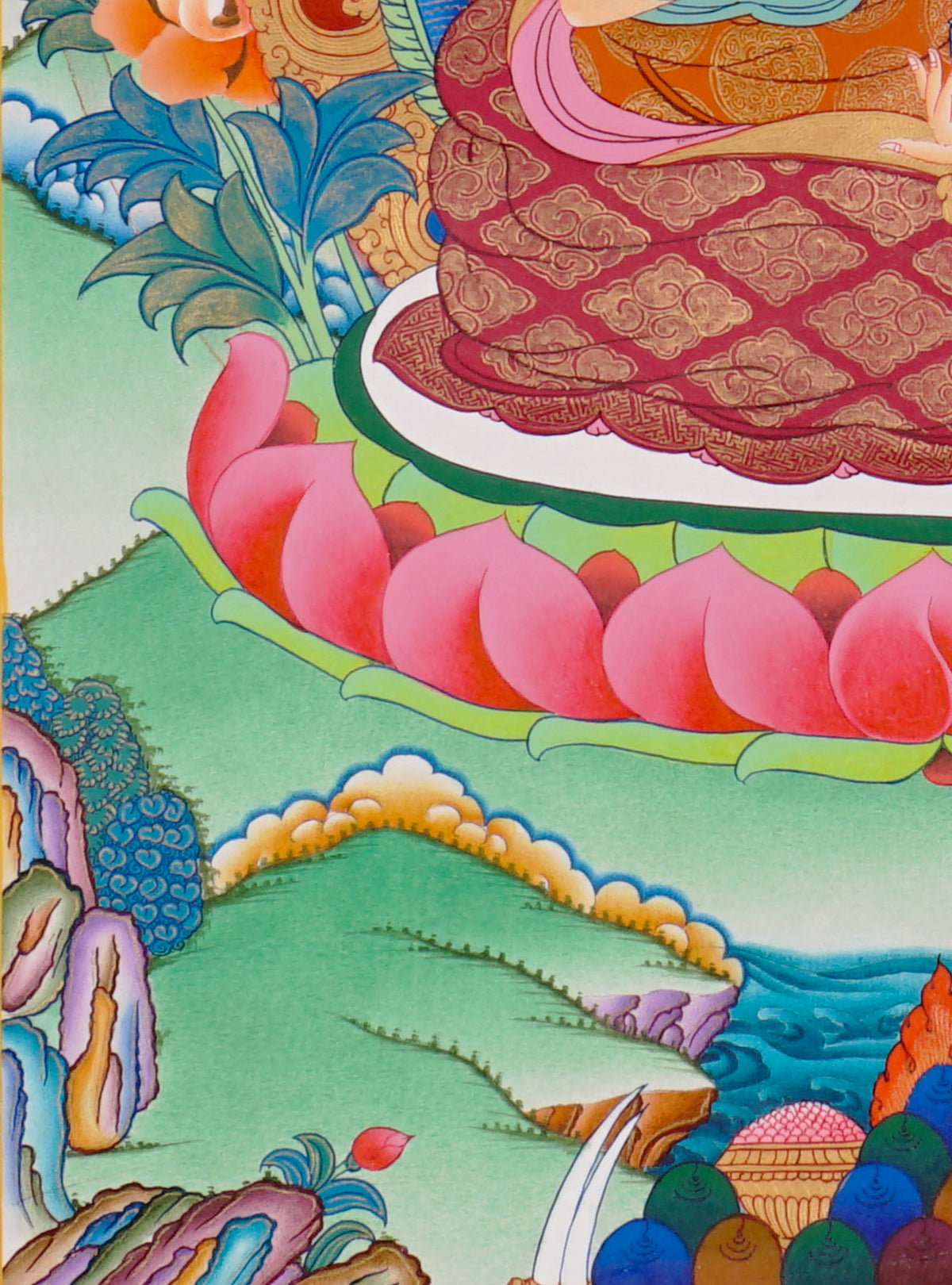 Sixteen Karmapas Tibetan Buddhist thangka set featuring lineage masters seated on lotus thrones with traditional Himalayan landscapes and gold detailing