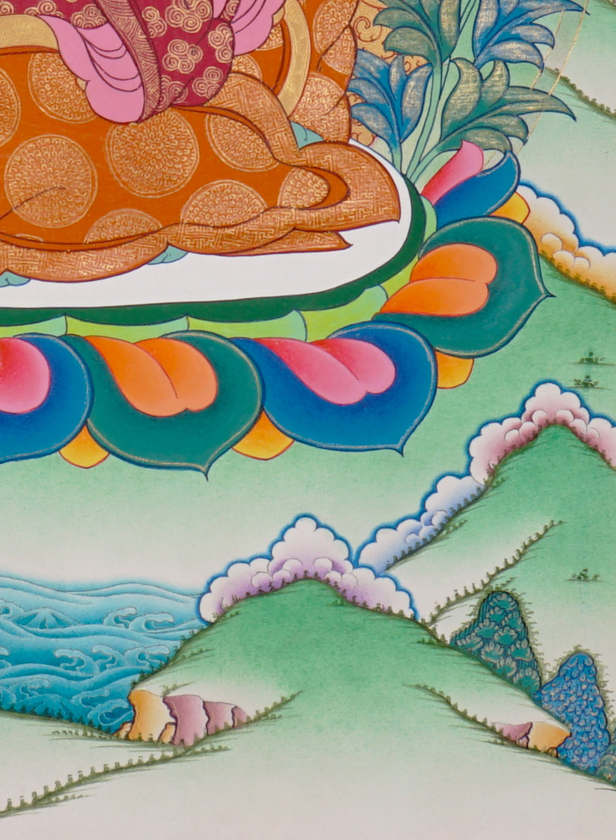 Sixteen Karmapas Tibetan Buddhist thangka set featuring lineage masters seated on lotus thrones with traditional Himalayan landscapes and gold detailing