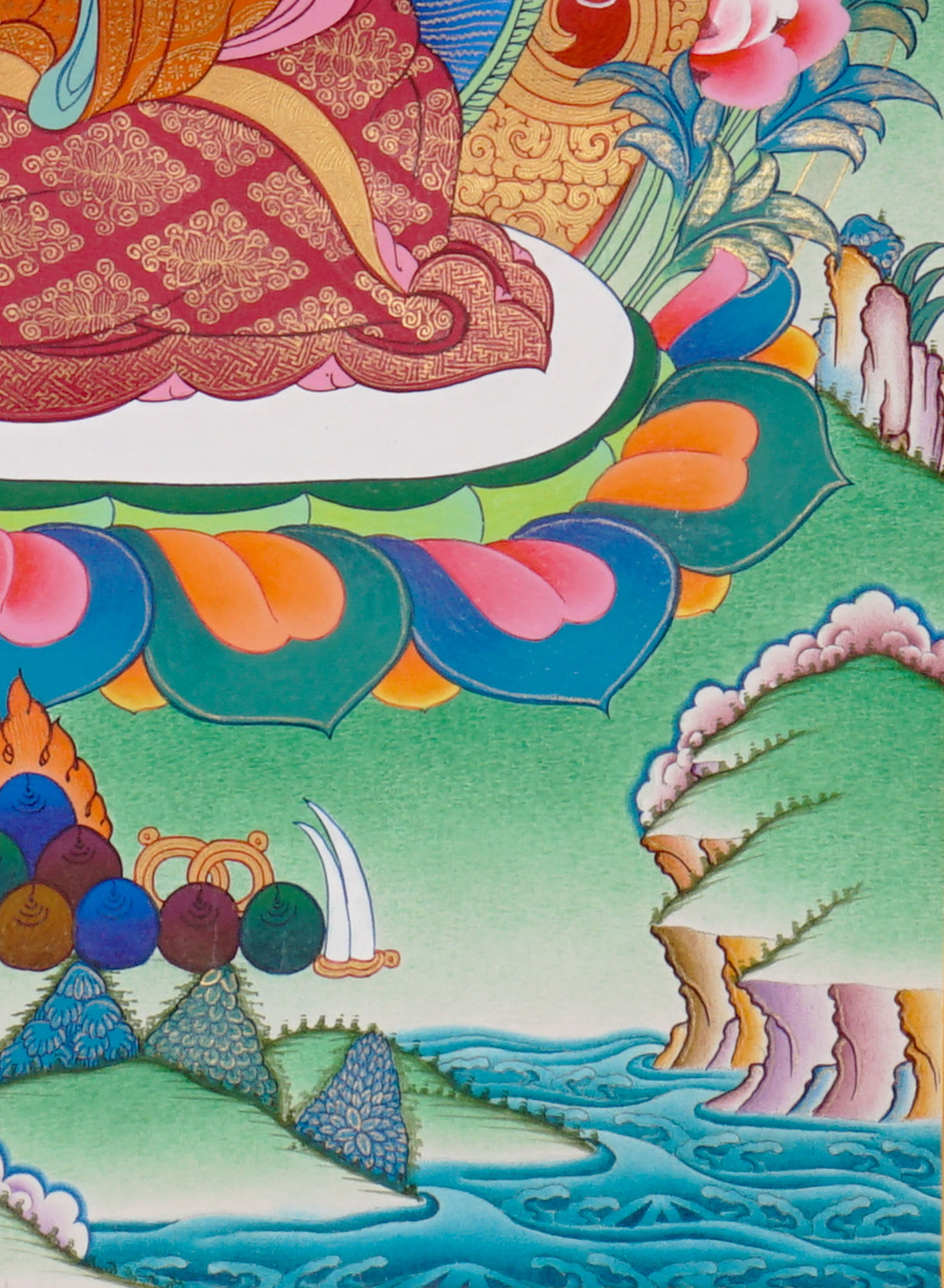 Sixteen Karmapas Tibetan Buddhist thangka set featuring lineage masters seated on lotus thrones with traditional Himalayan landscapes and gold detailing