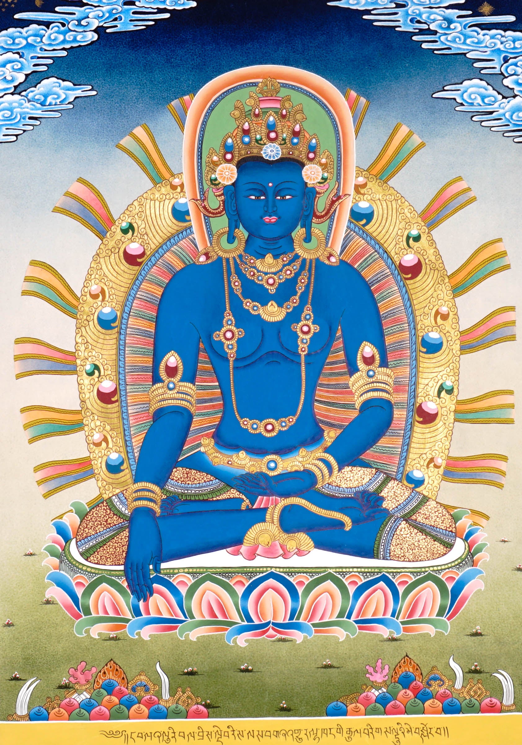 Newari Five Dhyani Buddhas thangka set depicting Amitabha, Vairocana, Akshobhya, Ratnasambhava, and Amoghasiddhi seated on lotus thrones with jeweled halos and traditional Vajrayana Buddhist symbolism.