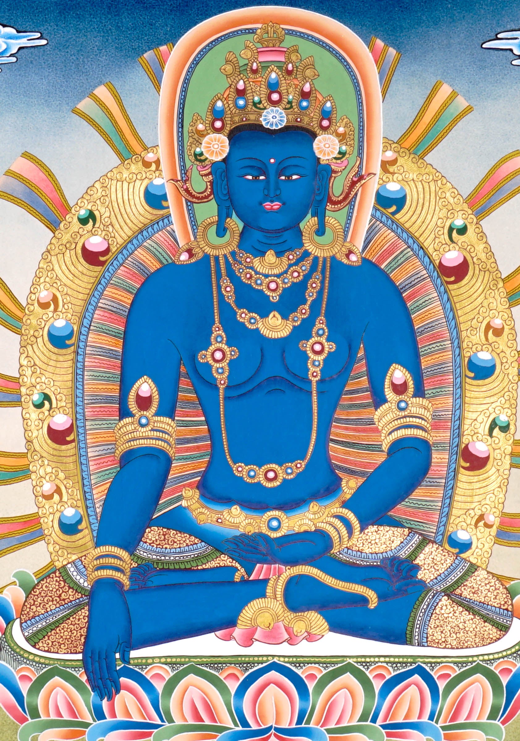 Newari Five Dhyani Buddhas thangka set depicting Amitabha, Vairocana, Akshobhya, Ratnasambhava, and Amoghasiddhi seated on lotus thrones with jeweled halos and traditional Vajrayana Buddhist symbolism.