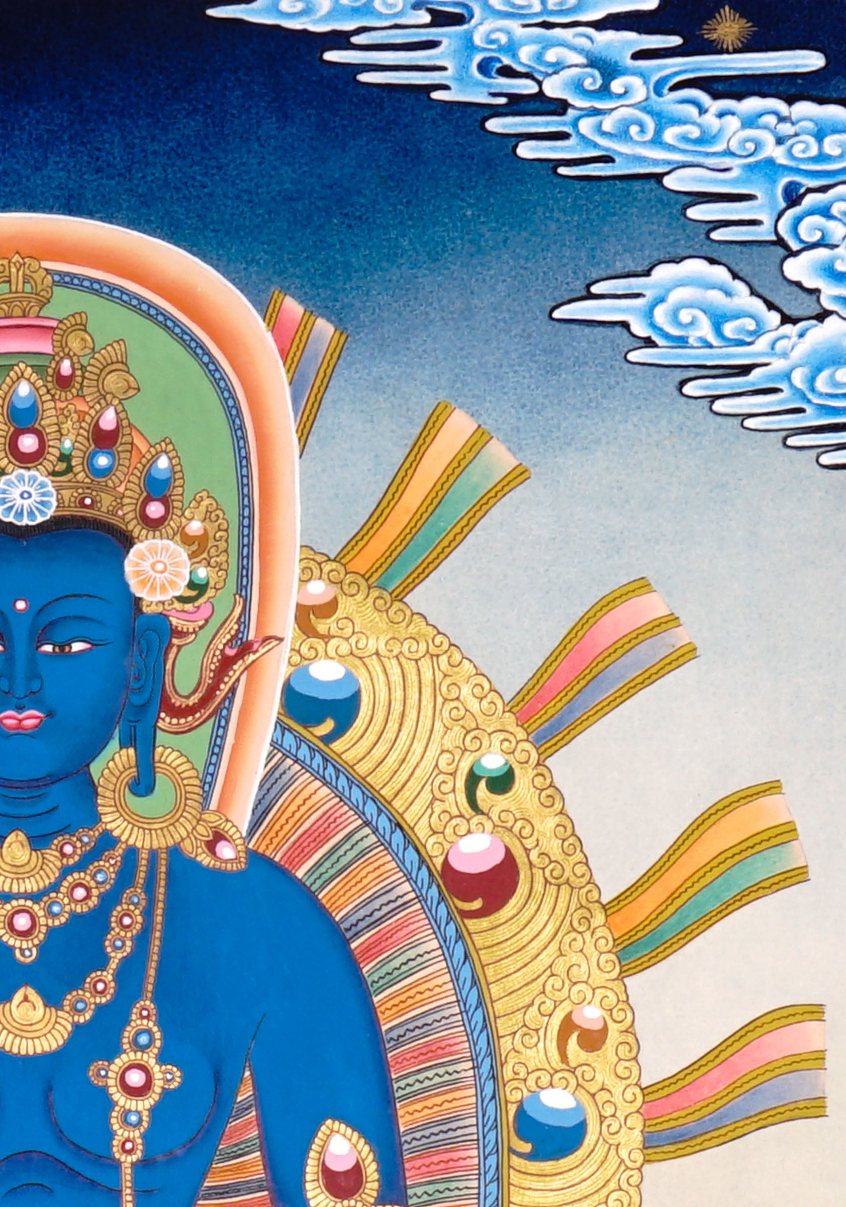 Newari Five Dhyani Buddhas thangka set depicting Amitabha, Vairocana, Akshobhya, Ratnasambhava, and Amoghasiddhi seated on lotus thrones with jeweled halos and traditional Vajrayana Buddhist symbolism.