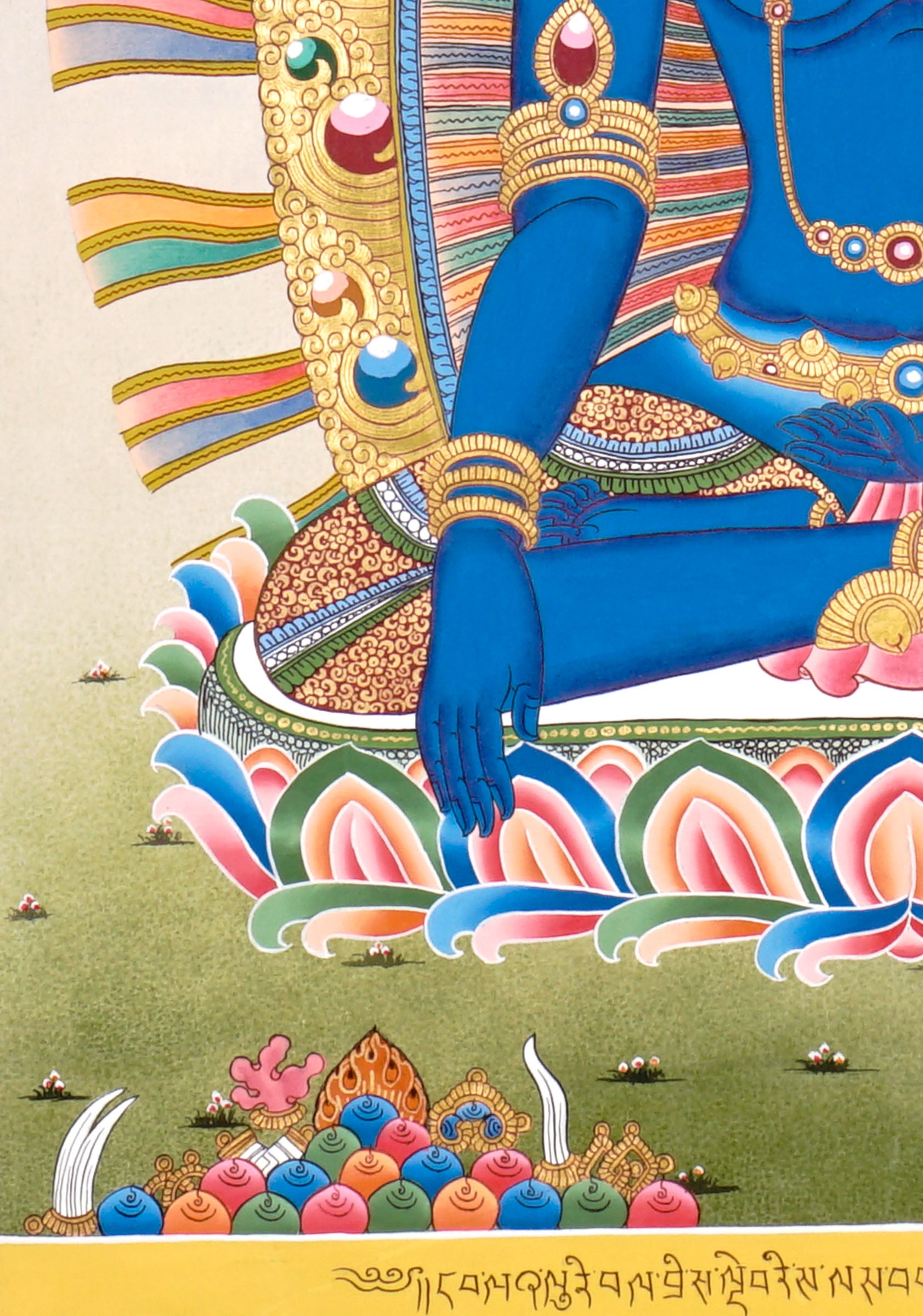 Newari Five Dhyani Buddhas thangka set depicting Amitabha, Vairocana, Akshobhya, Ratnasambhava, and Amoghasiddhi seated on lotus thrones with jeweled halos and traditional Vajrayana Buddhist symbolism.