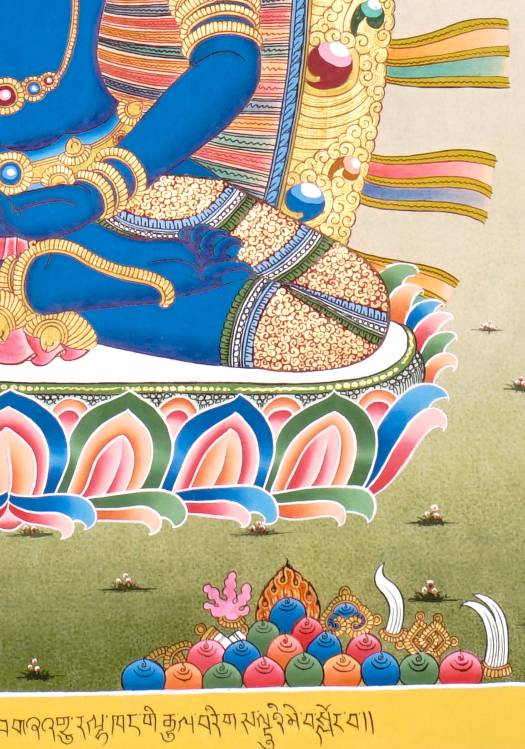 Newari Five Dhyani Buddhas thangka set depicting Amitabha, Vairocana, Akshobhya, Ratnasambhava, and Amoghasiddhi seated on lotus thrones with jeweled halos and traditional Vajrayana Buddhist symbolism.