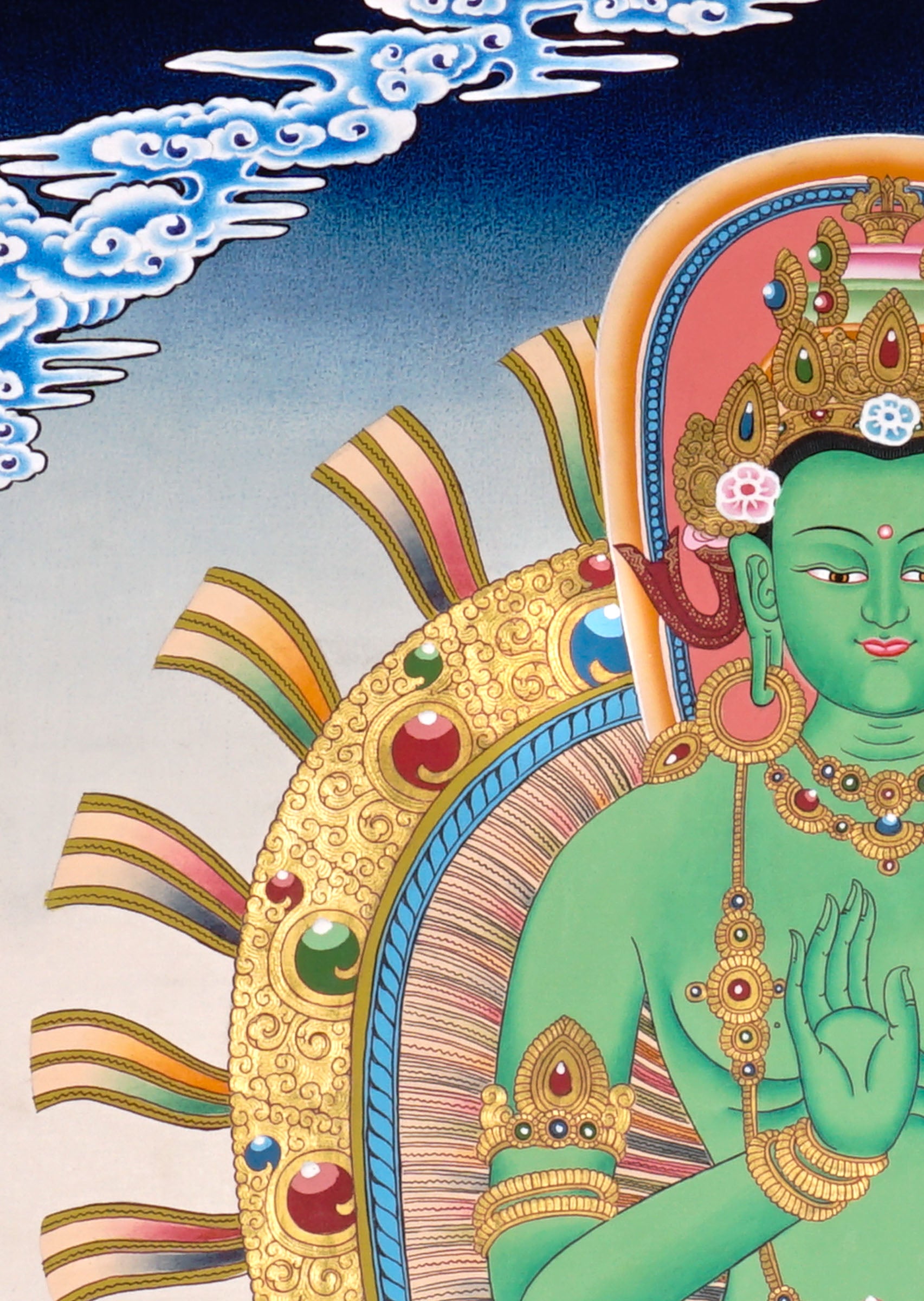 Newari Five Dhyani Buddhas thangka set depicting Amitabha, Vairocana, Akshobhya, Ratnasambhava, and Amoghasiddhi seated on lotus thrones with jeweled halos and traditional Vajrayana Buddhist symbolism.