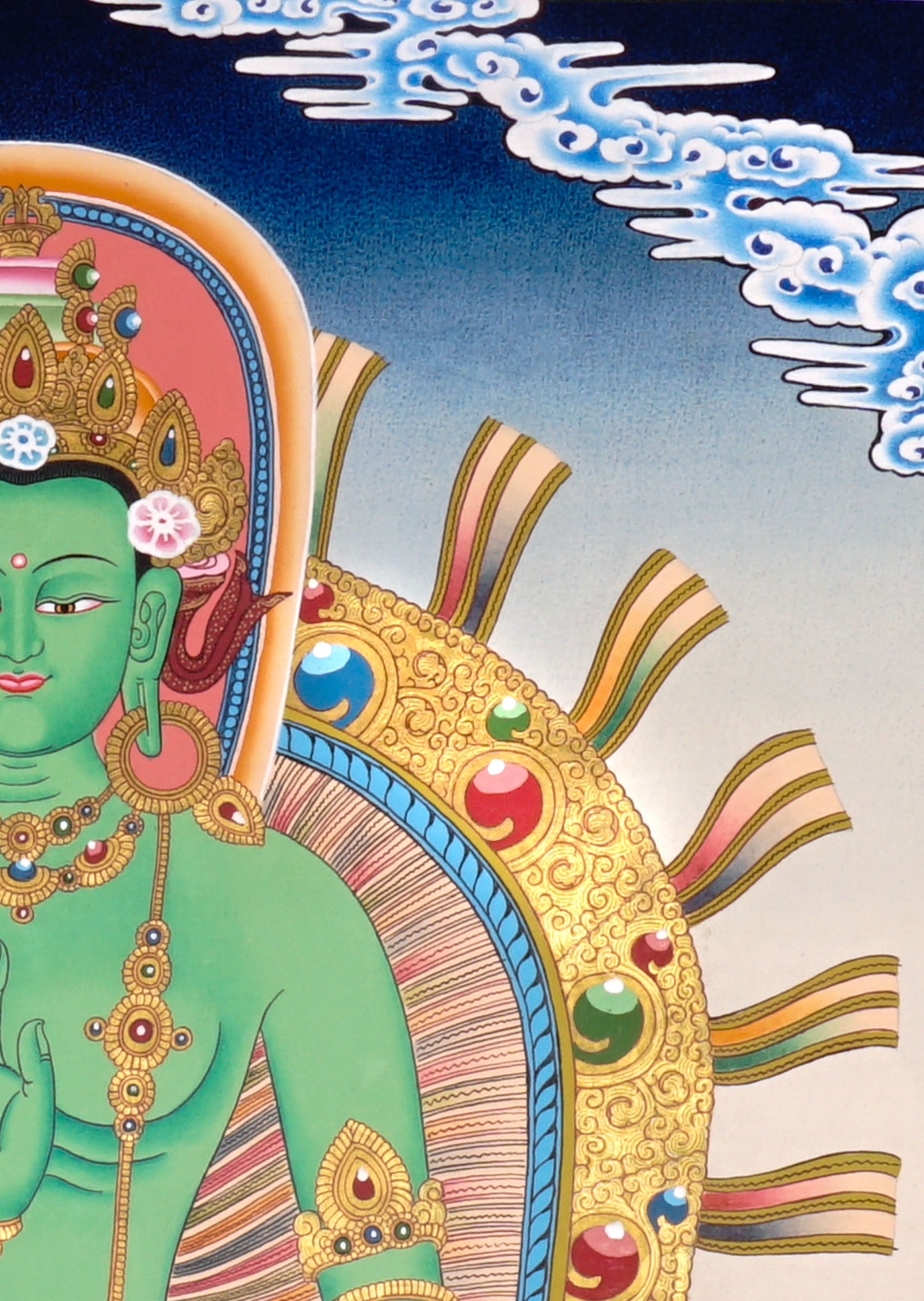 Newari Five Dhyani Buddhas thangka set depicting Amitabha, Vairocana, Akshobhya, Ratnasambhava, and Amoghasiddhi seated on lotus thrones with jeweled halos and traditional Vajrayana Buddhist symbolism.