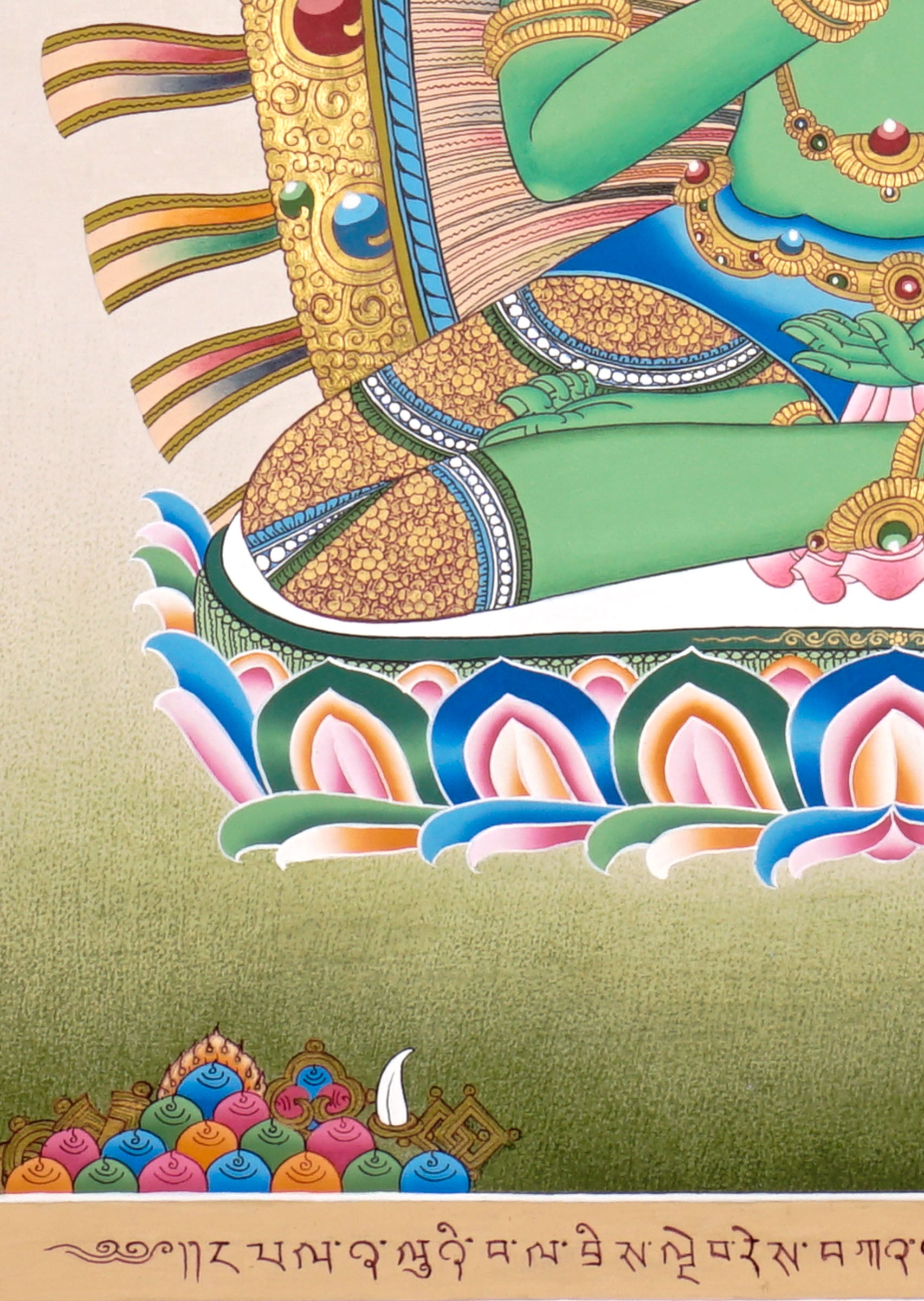 Newari Five Dhyani Buddhas thangka set depicting Amitabha, Vairocana, Akshobhya, Ratnasambhava, and Amoghasiddhi seated on lotus thrones with jeweled halos and traditional Vajrayana Buddhist symbolism.