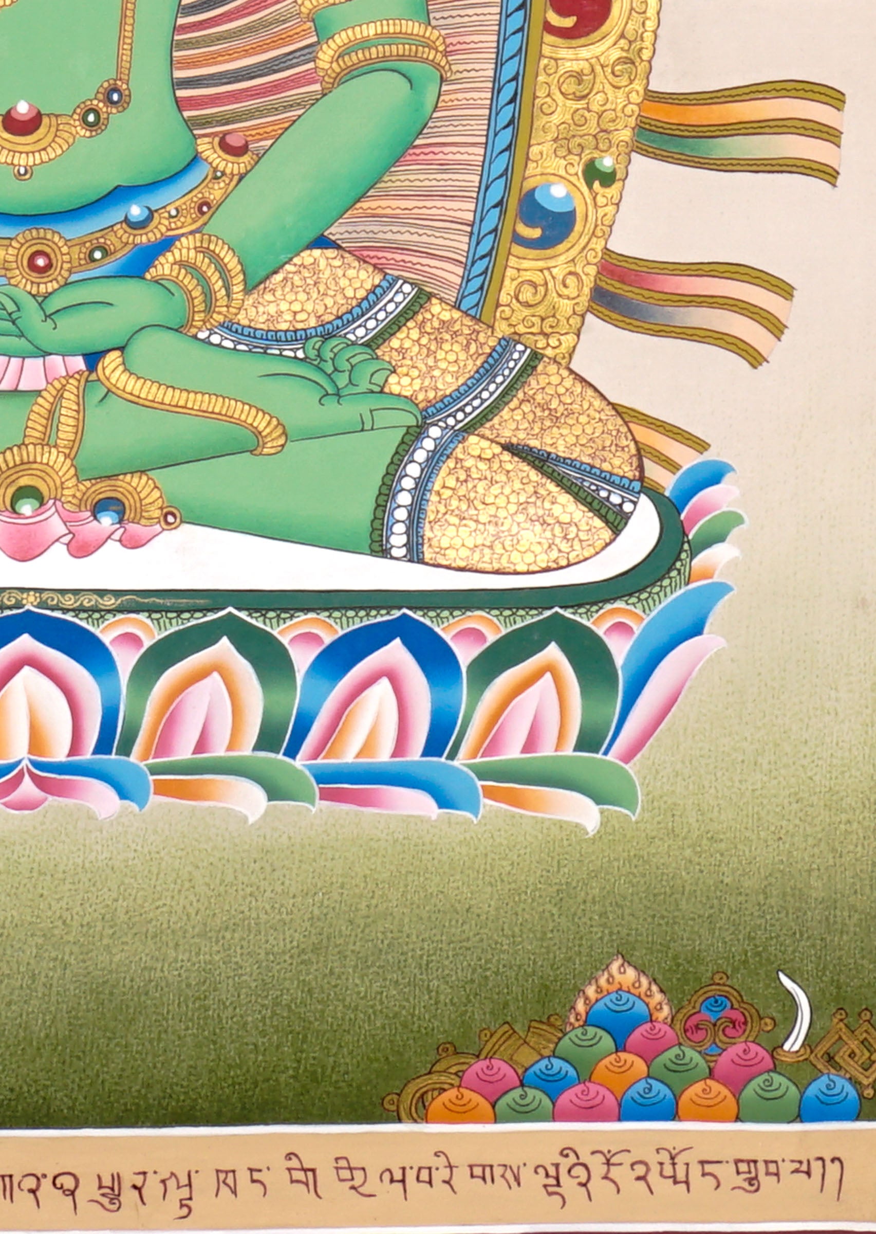 Newari Five Dhyani Buddhas thangka set depicting Amitabha, Vairocana, Akshobhya, Ratnasambhava, and Amoghasiddhi seated on lotus thrones with jeweled halos and traditional Vajrayana Buddhist symbolism.