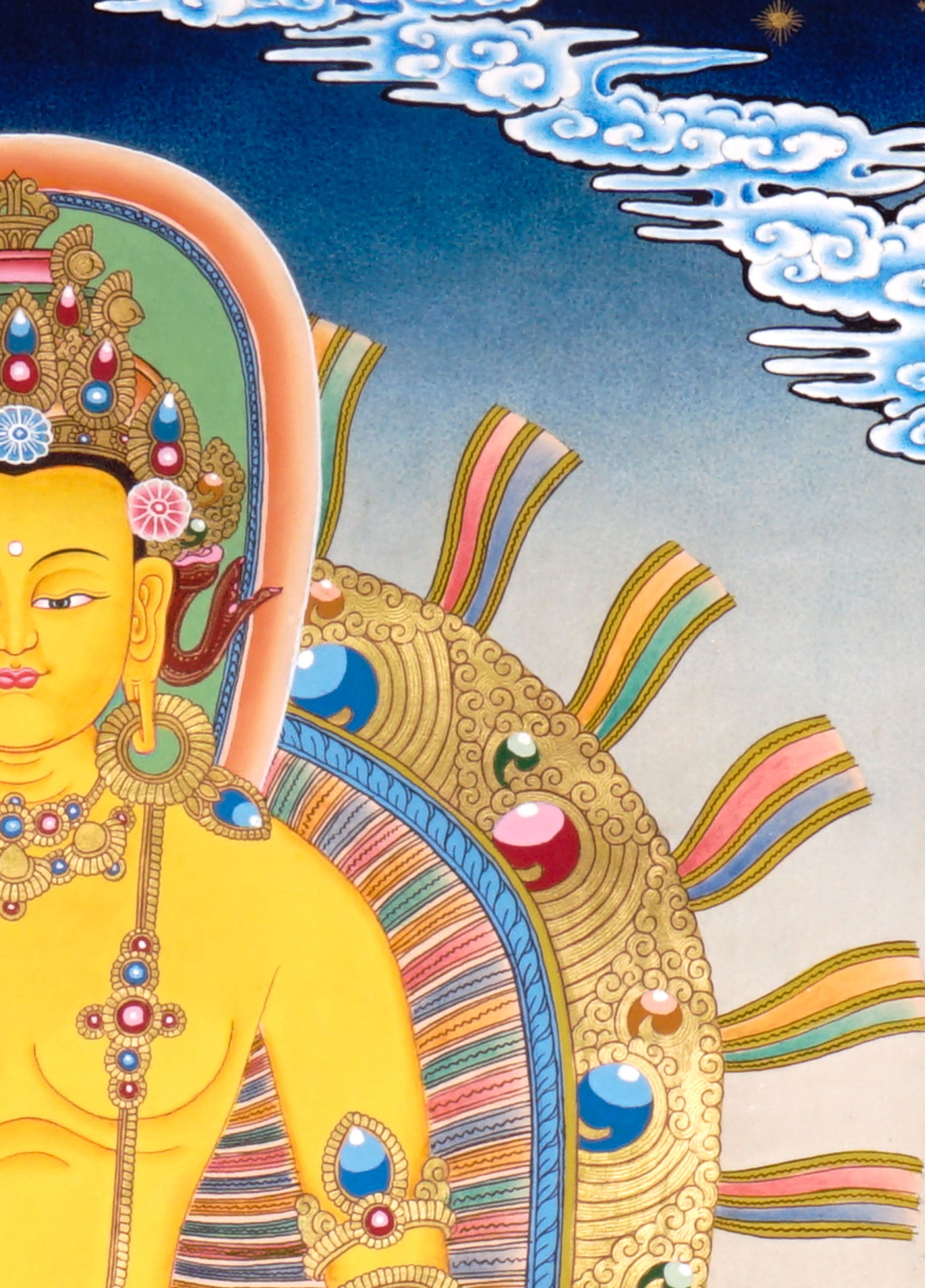 Newari Five Dhyani Buddhas thangka set depicting Amitabha, Vairocana, Akshobhya, Ratnasambhava, and Amoghasiddhi seated on lotus thrones with jeweled halos and traditional Vajrayana Buddhist symbolism.