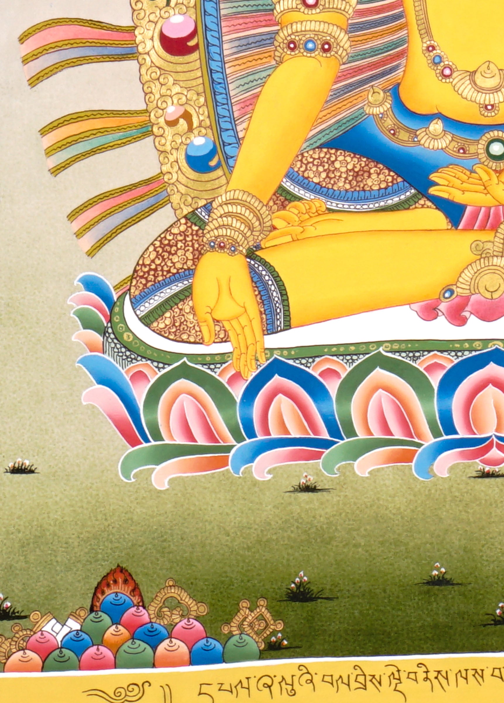 Newari Five Dhyani Buddhas thangka set depicting Amitabha, Vairocana, Akshobhya, Ratnasambhava, and Amoghasiddhi seated on lotus thrones with jeweled halos and traditional Vajrayana Buddhist symbolism.