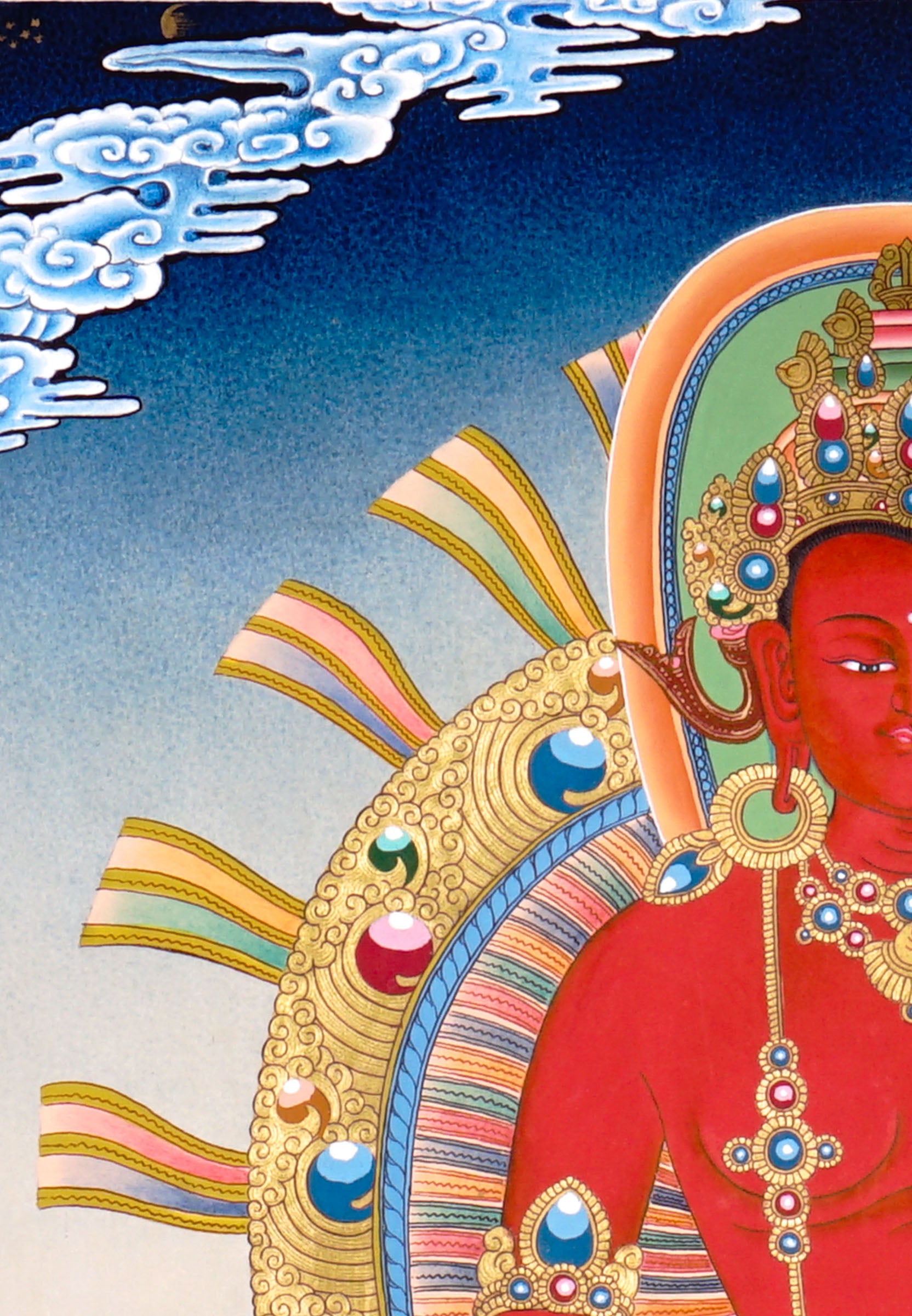 Newari Five Dhyani Buddhas thangka set depicting Amitabha, Vairocana, Akshobhya, Ratnasambhava, and Amoghasiddhi seated on lotus thrones with jeweled halos and traditional Vajrayana Buddhist symbolism.