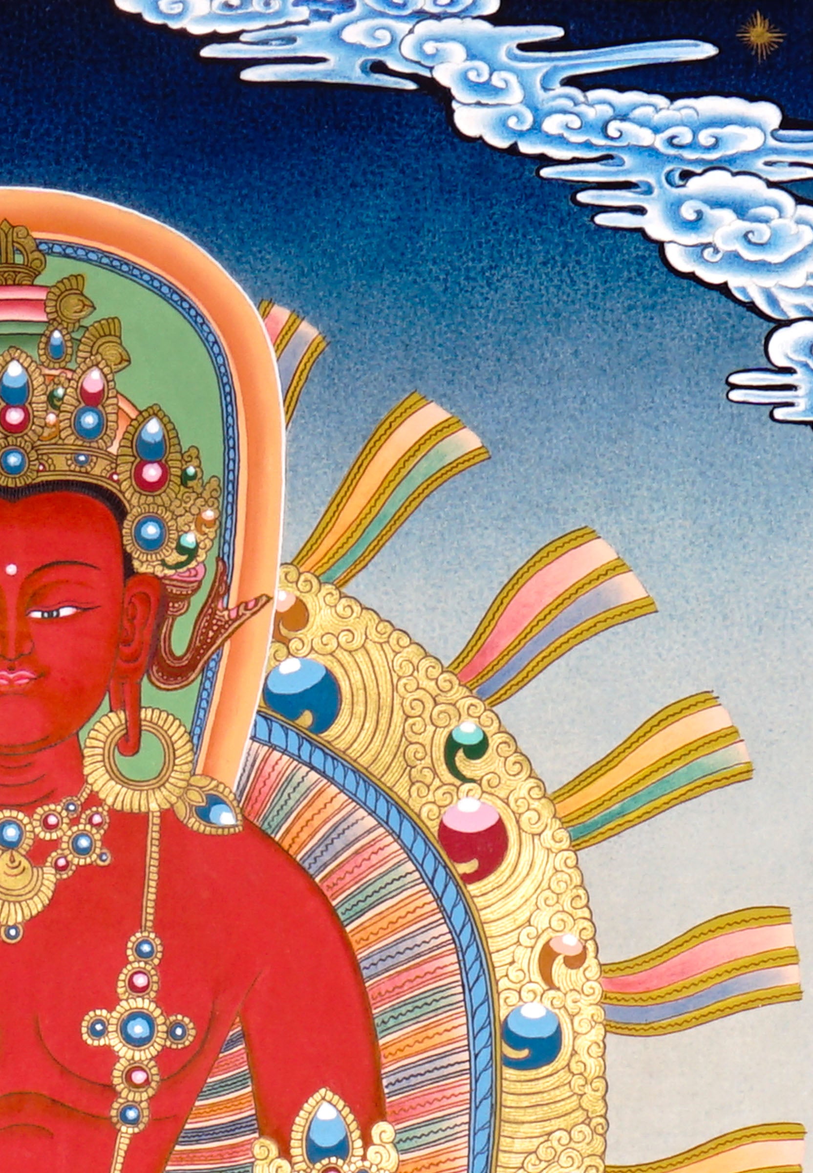 Newari Five Dhyani Buddhas thangka set depicting Amitabha, Vairocana, Akshobhya, Ratnasambhava, and Amoghasiddhi seated on lotus thrones with jeweled halos and traditional Vajrayana Buddhist symbolism.