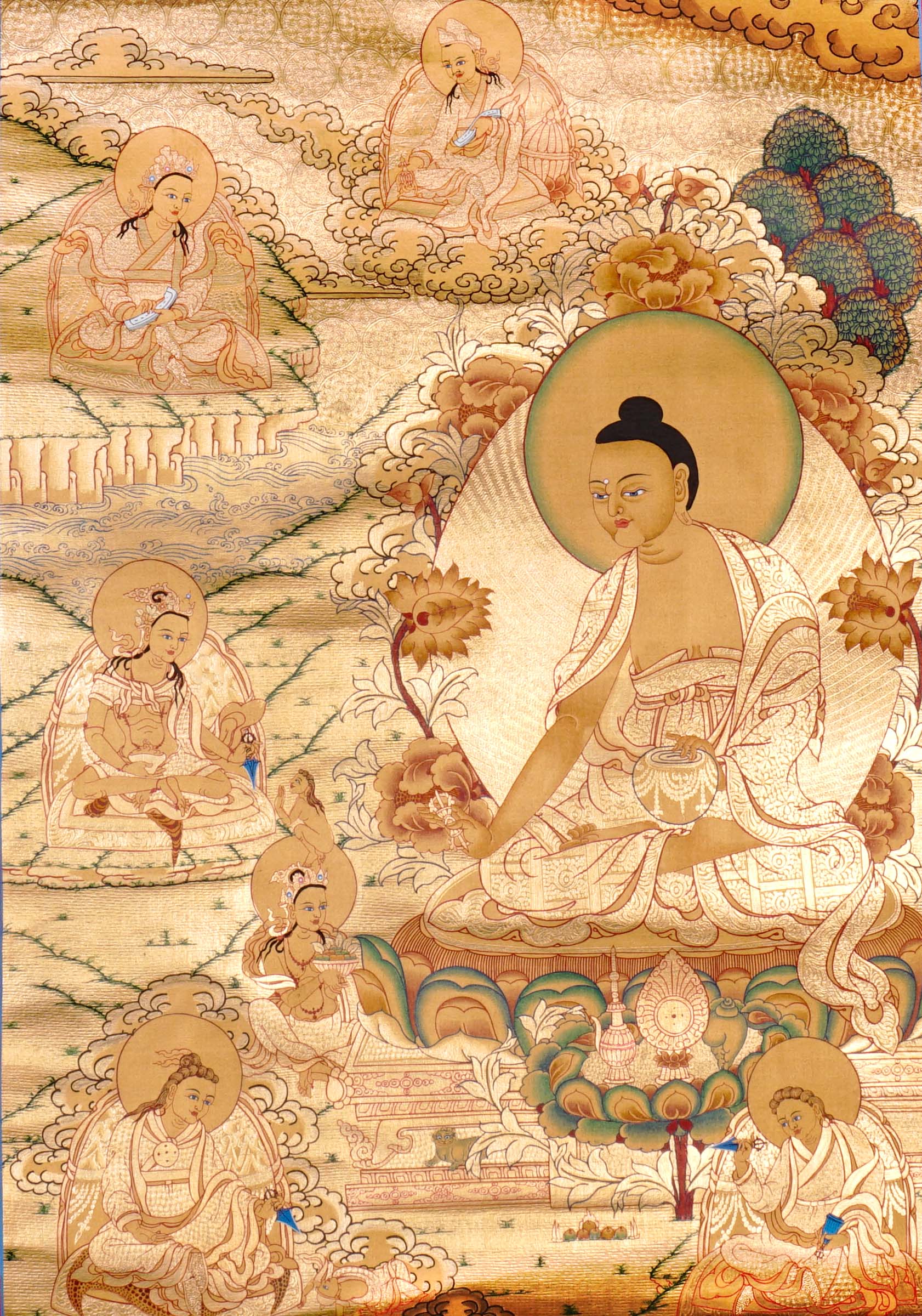 Guru Tsengye thangka set depicting the Eight Manifestations of Guru Padmasambhava in traditional Newari style with gold background, lineage figures, wrathful deities, lotus thrones, and intricate Vajrayana Buddhist symbolism.