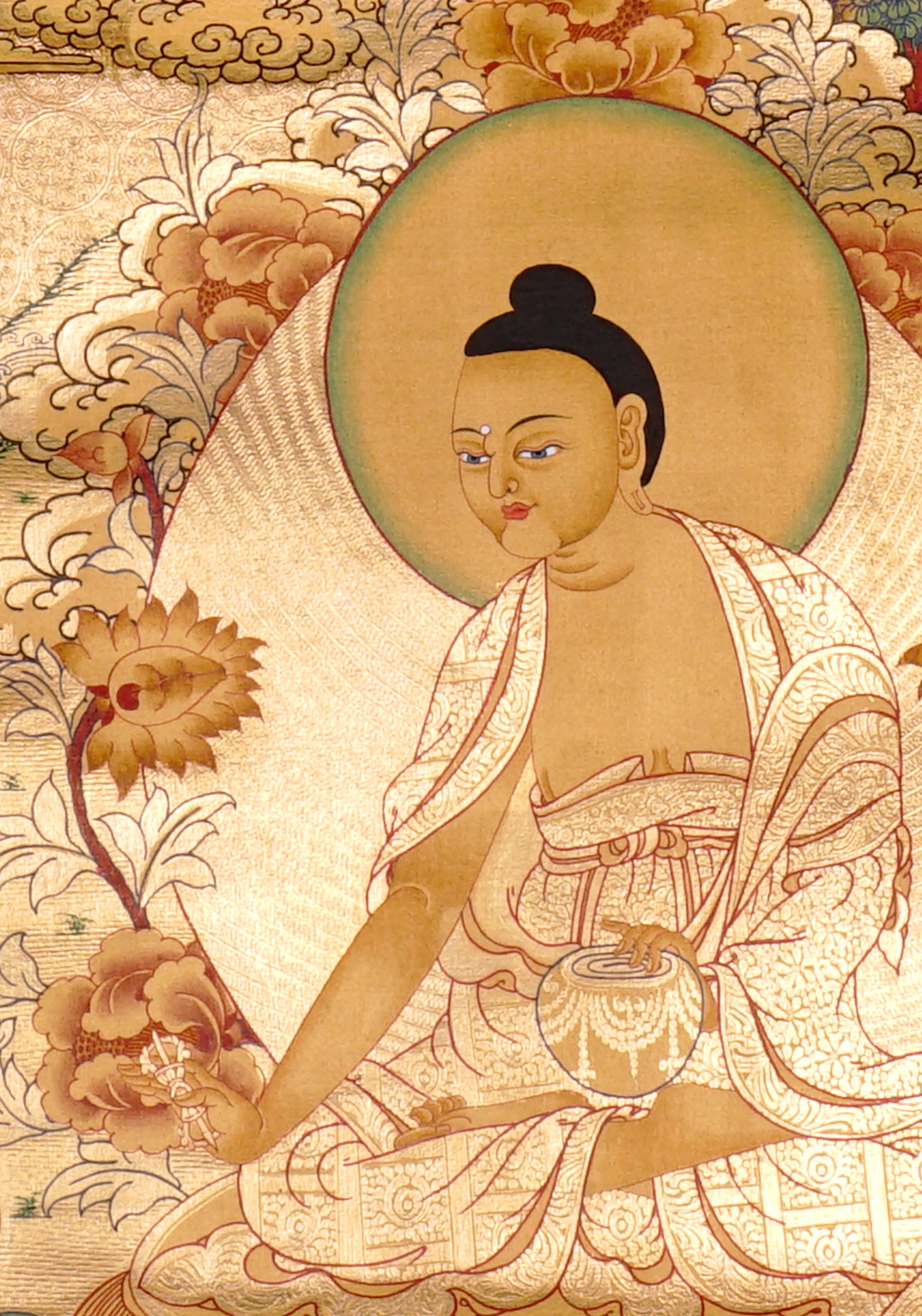 Guru Tsengye thangka set depicting the Eight Manifestations of Guru Padmasambhava in traditional Newari style with gold background, lineage figures, wrathful deities, lotus thrones, and intricate Vajrayana Buddhist symbolism.