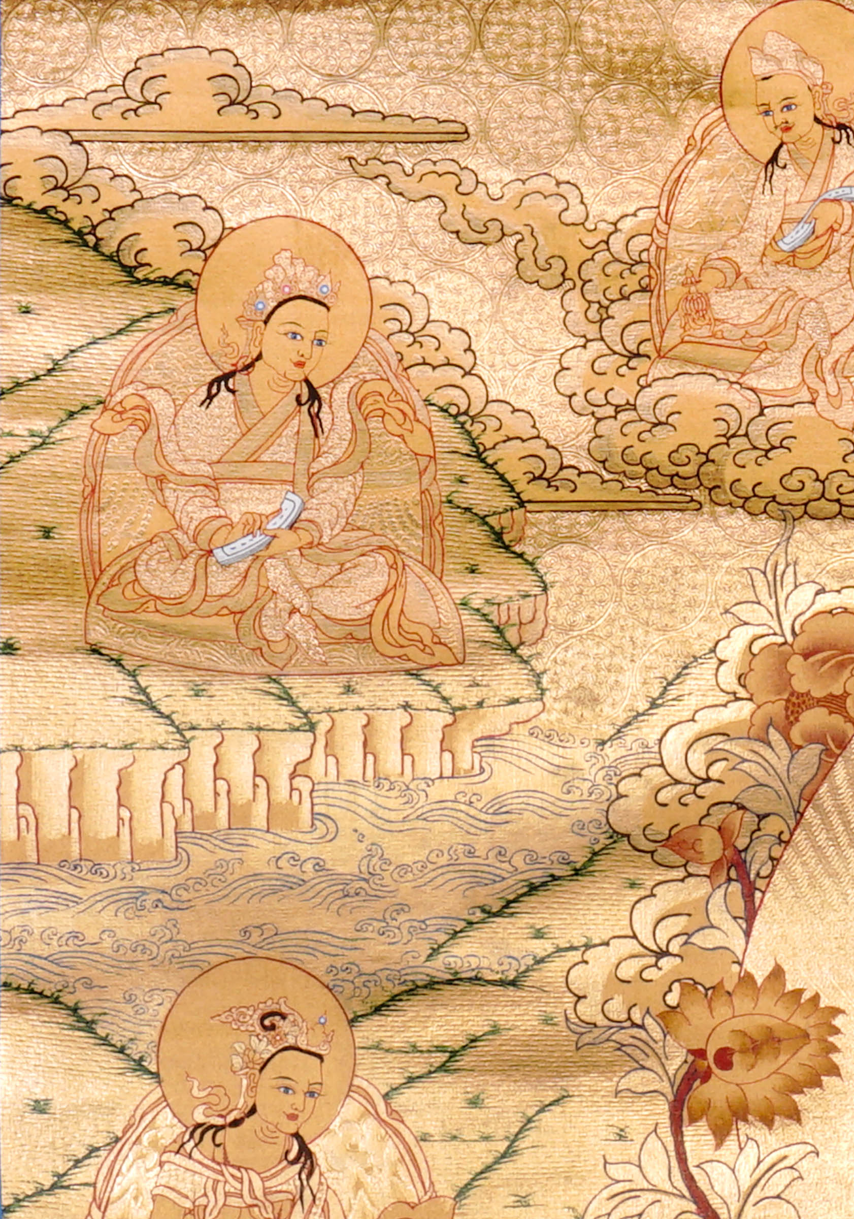 Guru Tsengye thangka set depicting the Eight Manifestations of Guru Padmasambhava in traditional Newari style with gold background, lineage figures, wrathful deities, lotus thrones, and intricate Vajrayana Buddhist symbolism.